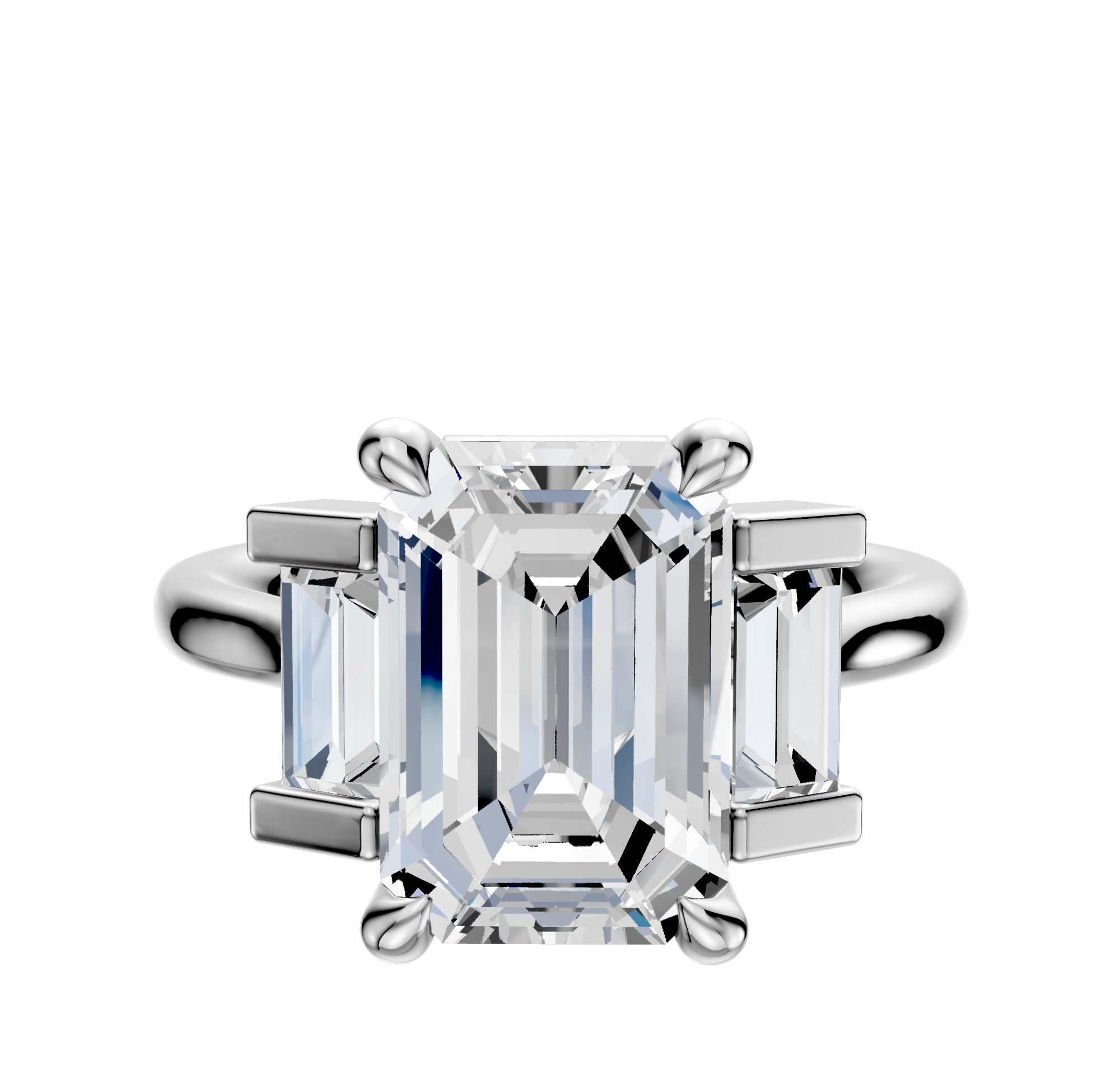 An 18K white gold engagement ring with a three-stone north/south design featuring baguette side stones, totaling 0.25TCW, is displayed against a plain white background.