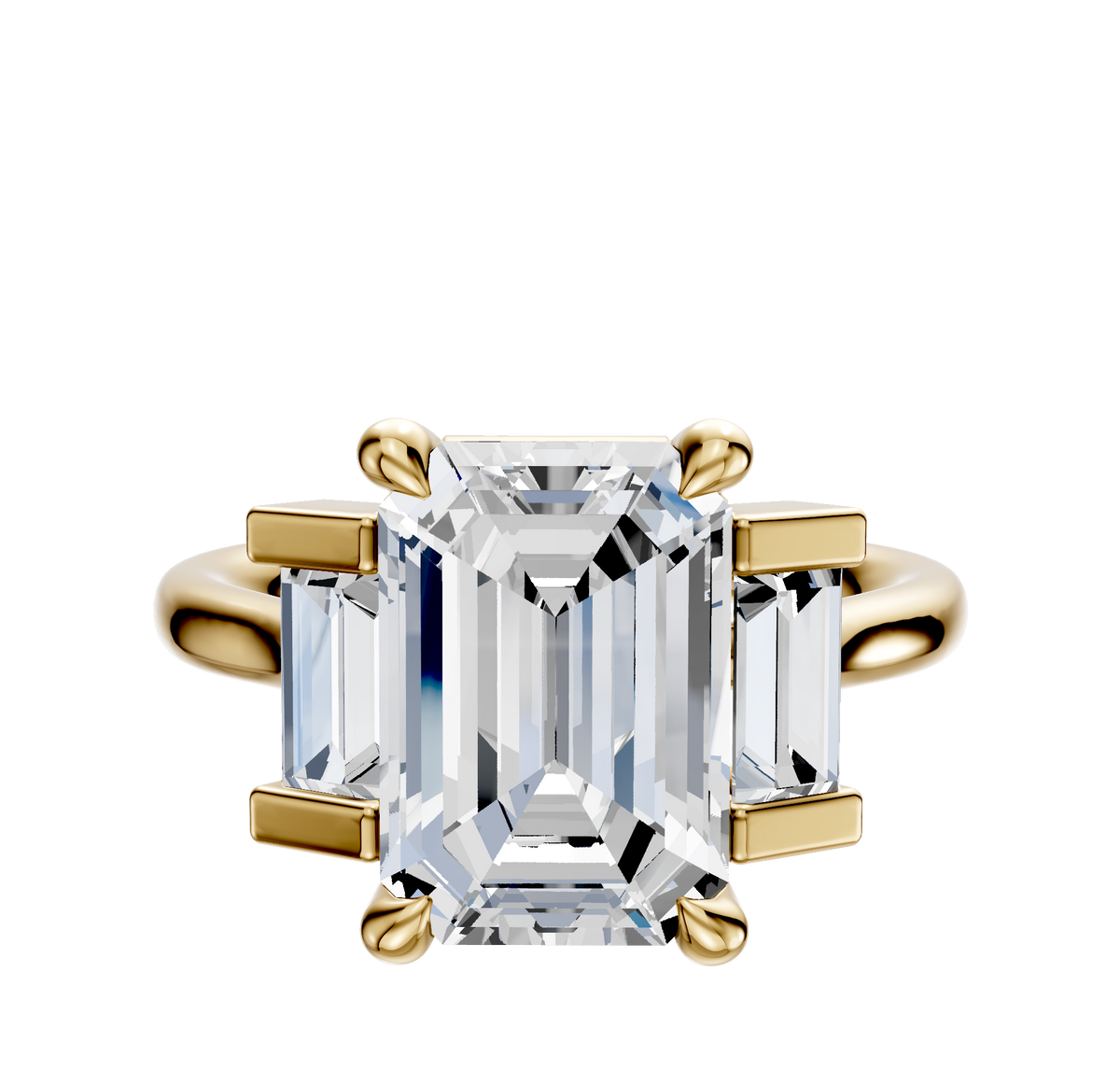 The 14K Yellow Gold 3-Stone Baguette Side Stones Set North/South 0.25TCW Engagement Ring showcases a center diamond with two rectangular baguette side stones on a sleek gold band, displayed against a white background.