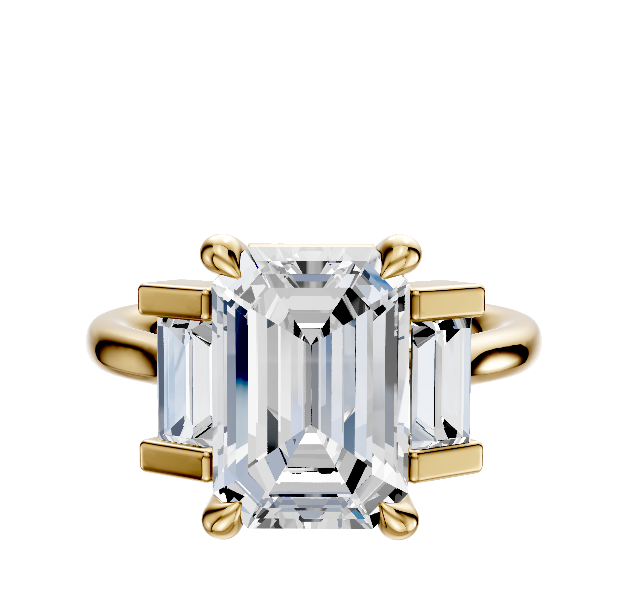 The 18K Yellow Gold 3-Stone Baguette Side Stones Set North/South 0.25TCW Engagement Ring showcases a large center diamond with baguette-cut side stones on a clean, plain background.