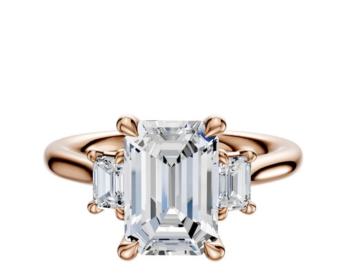 14K Rose Gold 3-Stone Emerald Cut Side Stones 0.125TCW Engagement Ring