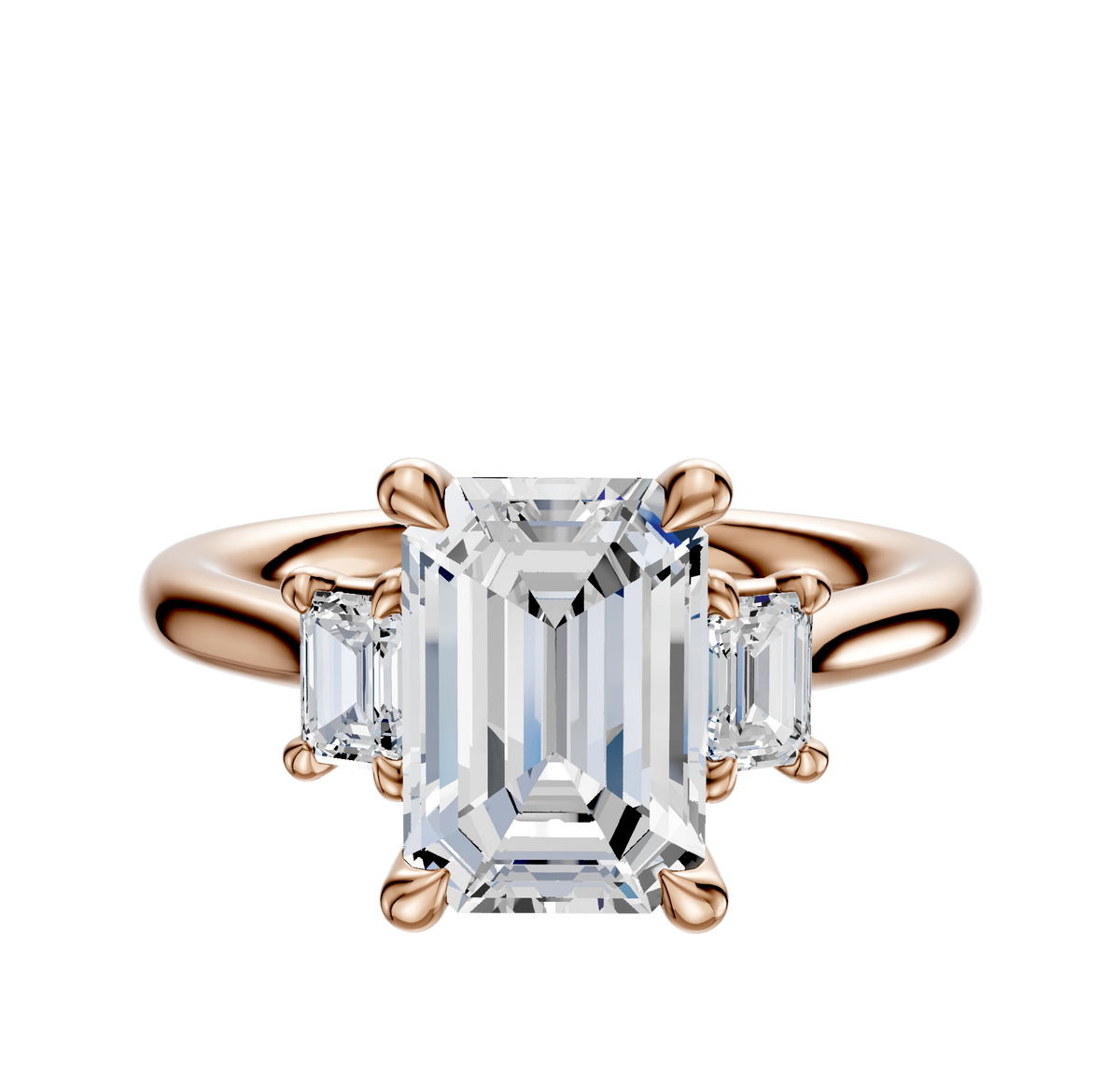 The 18K Rose Gold 3-Stone Emerald Cut Side Stones 0.125TCW Engagement Ring features a central emerald-cut diamond with two smaller rectangular diamonds on each side, shown on a plain white background.