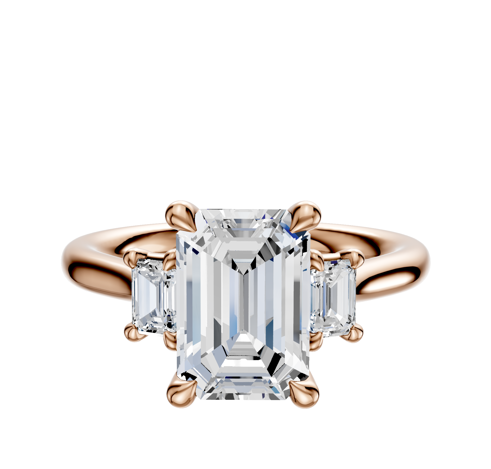 The 18K Rose Gold 3-Stone Emerald Cut Side Stones 0.125TCW Engagement Ring features a central emerald-cut diamond with two smaller rectangular diamonds on each side, shown on a plain white background.