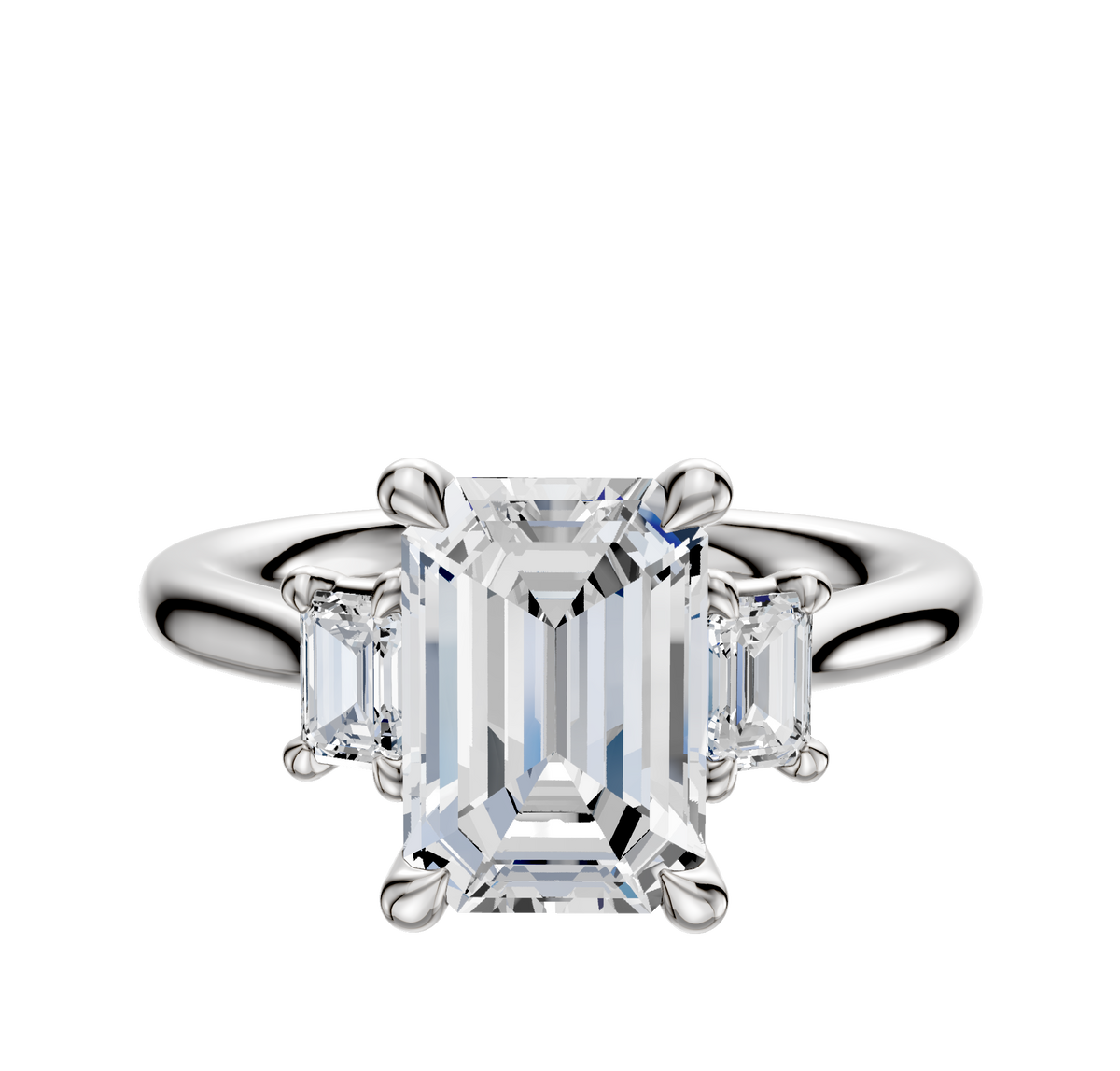 A 14K white gold engagement ring featuring an emerald-cut center stone and two side stones (0.125 TCW), set on a polished band against a white background.