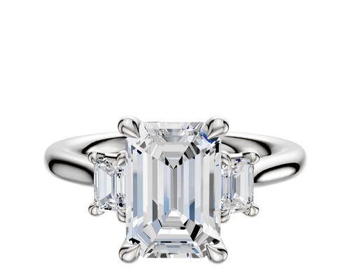 18K White Gold 3-Stone Emerald Cut Side Stones 0.125TCW Engagement Ring