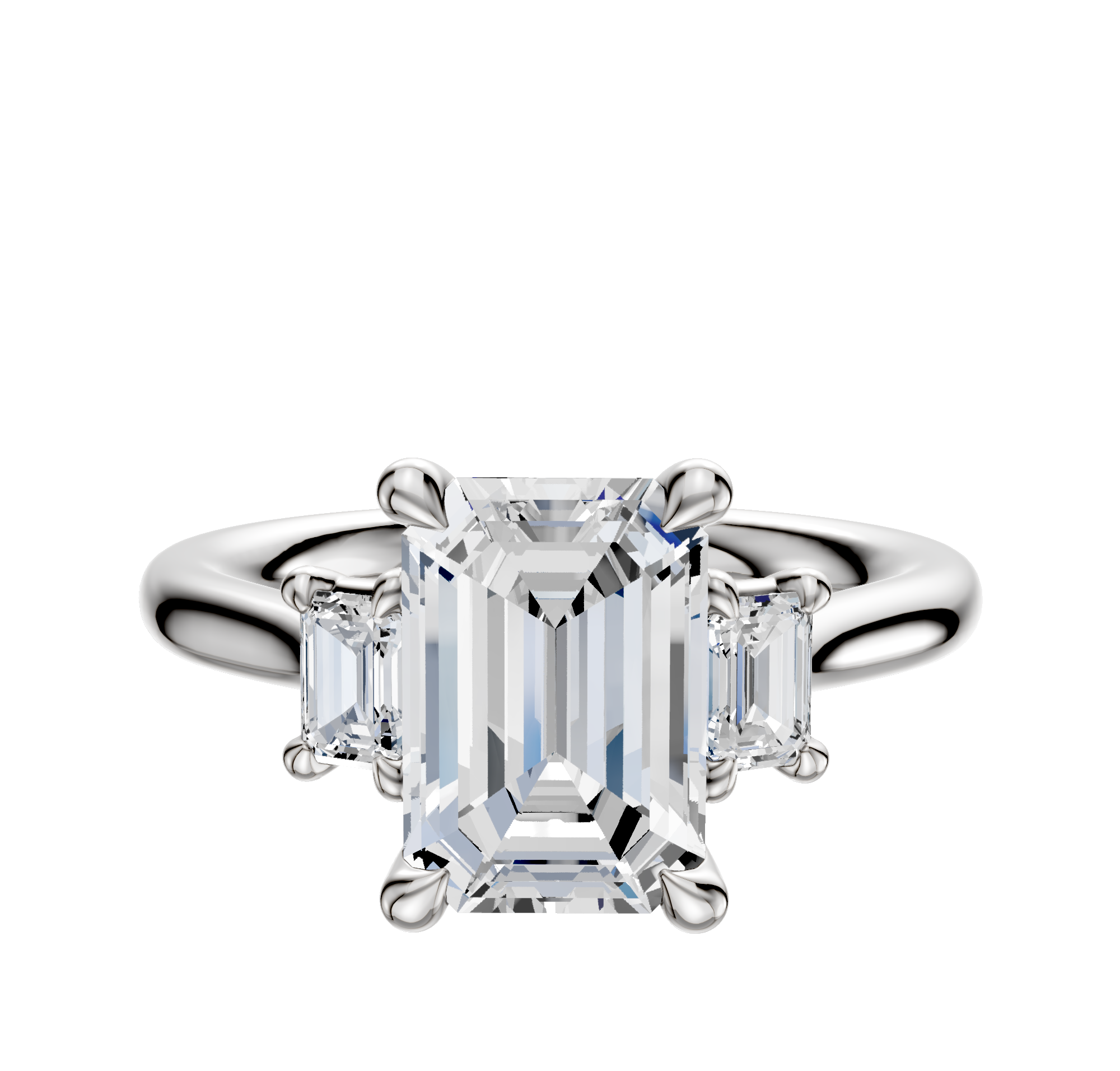 An 18K white gold engagement ring with a central emerald-cut stone, accented by two rectangular side stones (0.125TCW), displayed on a plain white background.