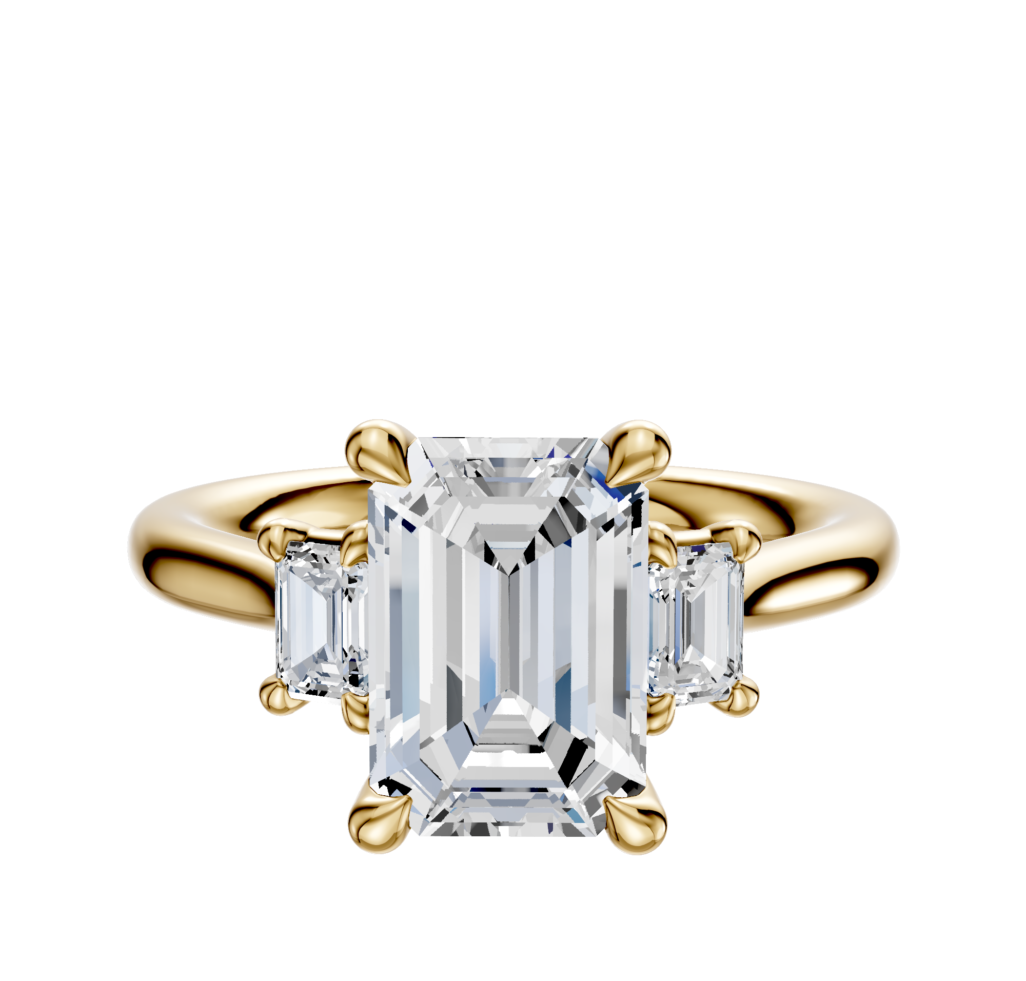 The 14K Yellow Gold 3-Stone Emerald Cut Side Stones 0.125TCW Engagement Ring features a center emerald-cut diamond with two smaller rectangular diamonds on each side, all set in a classic four-prong setting.