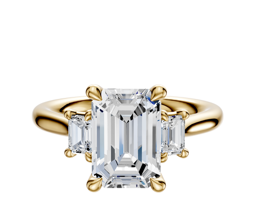 18K Yellow Gold 3-Stone Emerald Cut Side Stones 0.125TCW Engagement Ring