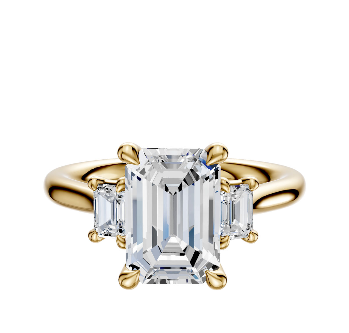 The 18K Yellow Gold 3-Stone Emerald Cut Side Stones 0.125TCW Engagement Ring features a central emerald-cut diamond with two rectangular side stones set on an elegant yellow gold band.