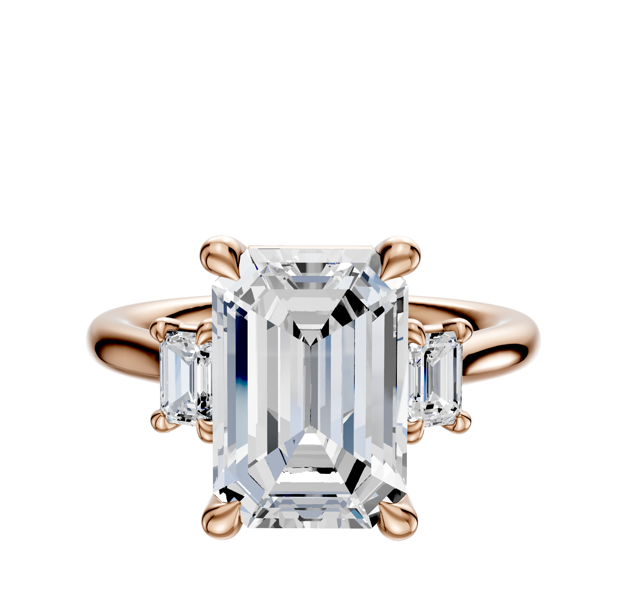 The 18K Rose Gold 3-Stone Emerald Cut Side Stones 0.25TCW Engagement Ring features a central emerald-cut gemstone and two smaller rectangular side stones in a four-prong rose gold setting.