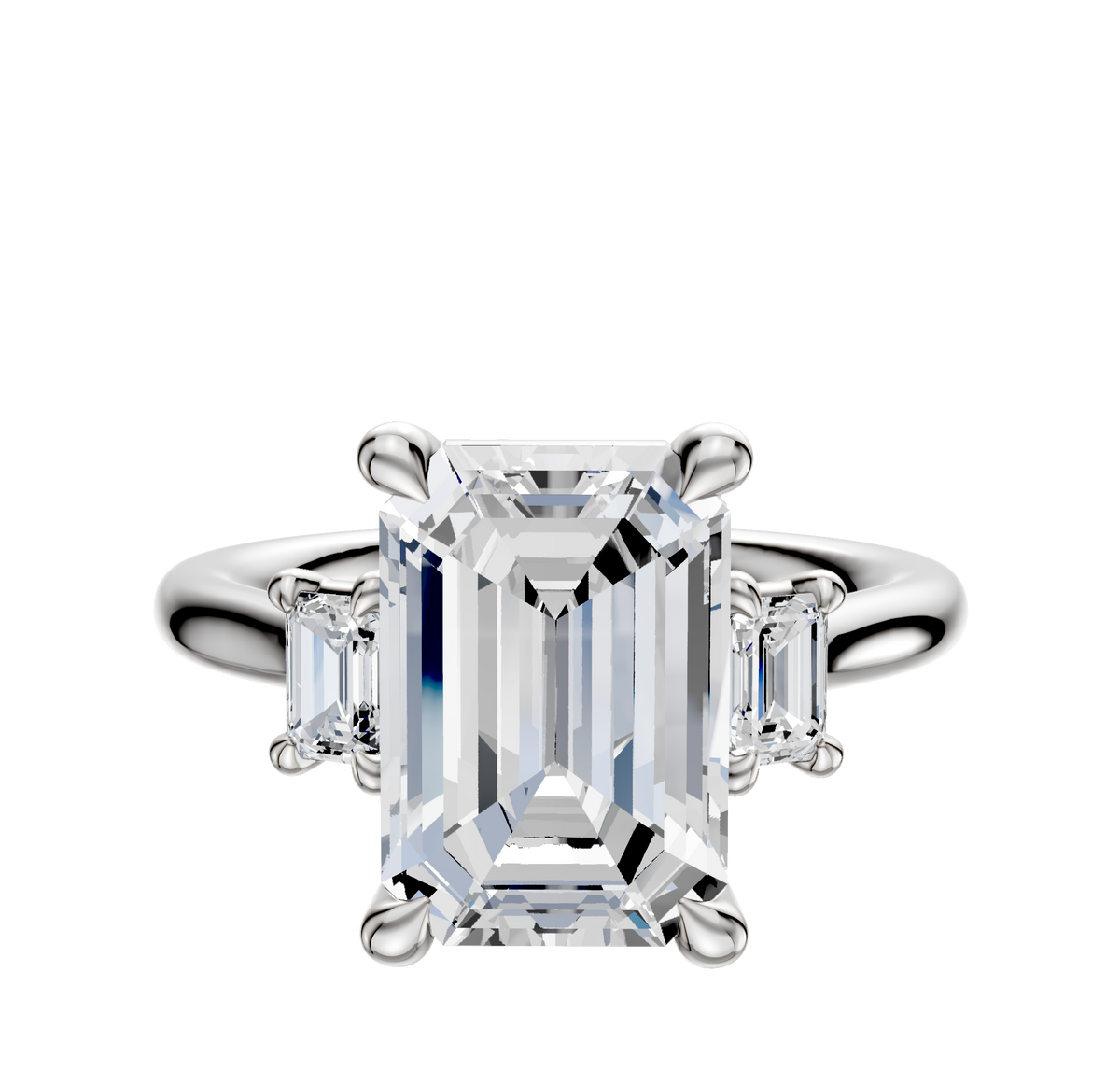 An 18K white gold engagement ring with a three-stone design, featuring an emerald-cut center stone and two rectangular side stones totaling 0.25TCW, set on a polished band.