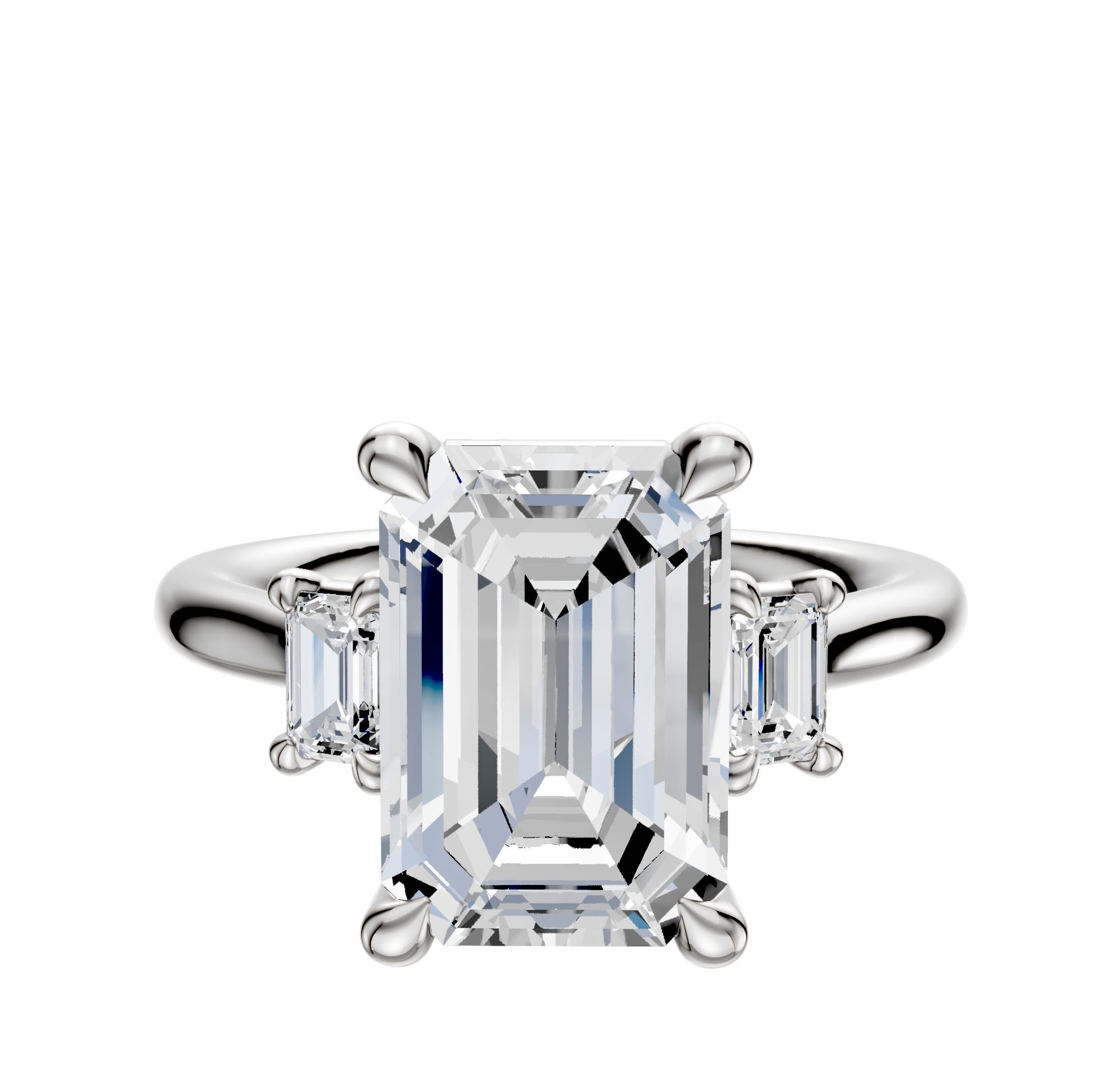 An 18K white gold engagement ring with a three-stone design, featuring an emerald-cut center stone and two rectangular side stones totaling 0.25TCW, set on a polished band.