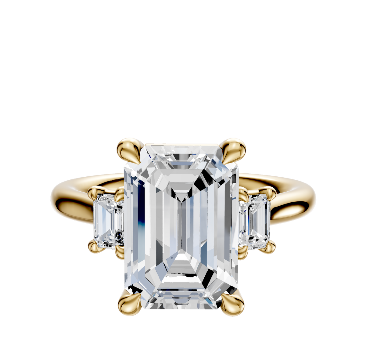 The 14K Yellow Gold 3-Stone Emerald Cut Side Stones 0.25TCW Engagement Ring features a central emerald-cut diamond and two rectangular side stones, all secured with four gold prongs.