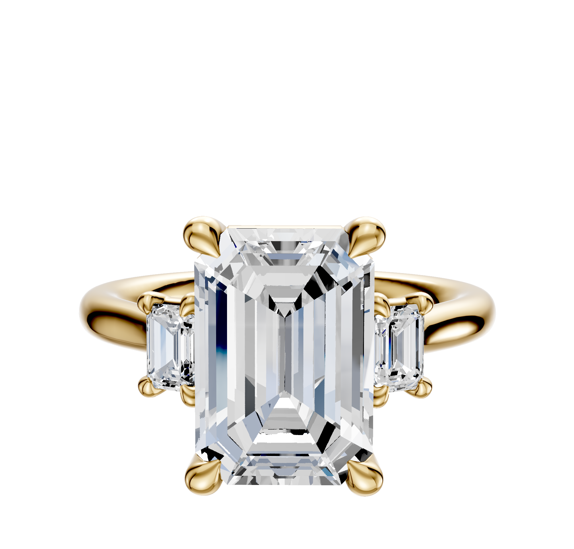 The 18K Yellow Gold 3-Stone Emerald Cut Side Stones 0.25TCW Engagement Ring features a central emerald-cut diamond with two smaller rectangular diamonds on each side, set in classic prongs against a white backdrop.