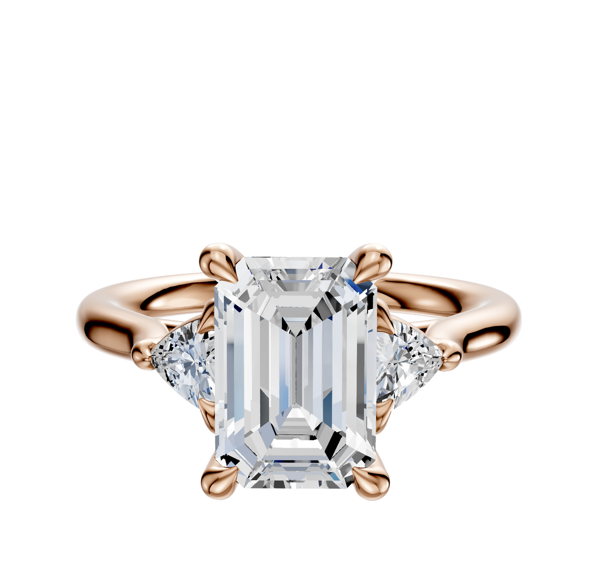 The 14K Rose Gold 3-Stone Engagement Ring features a large rectangular emerald-cut center diamond with two trillion side stones (0.125TCW), displayed against a plain white background.