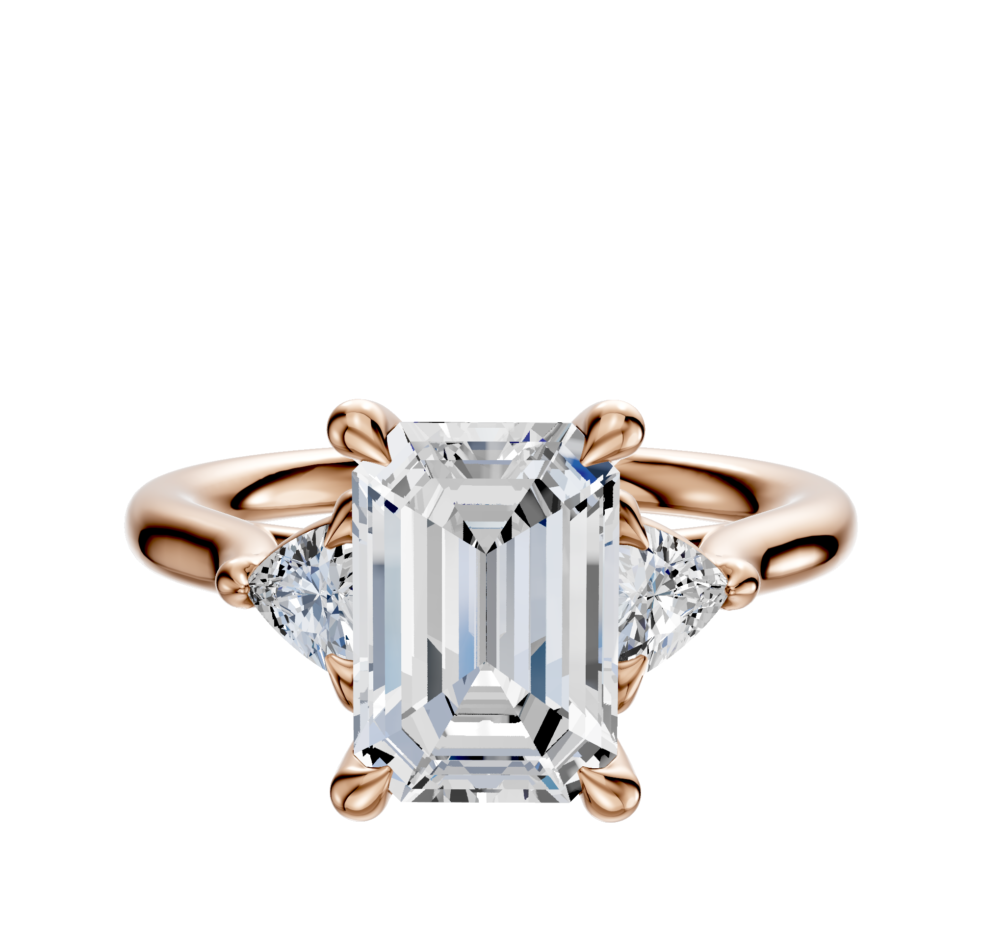 The 18K Rose Gold 3-Stone Engagement Ring features a large center stone with 0.125TCW trillion side stones, shown against a plain white background.