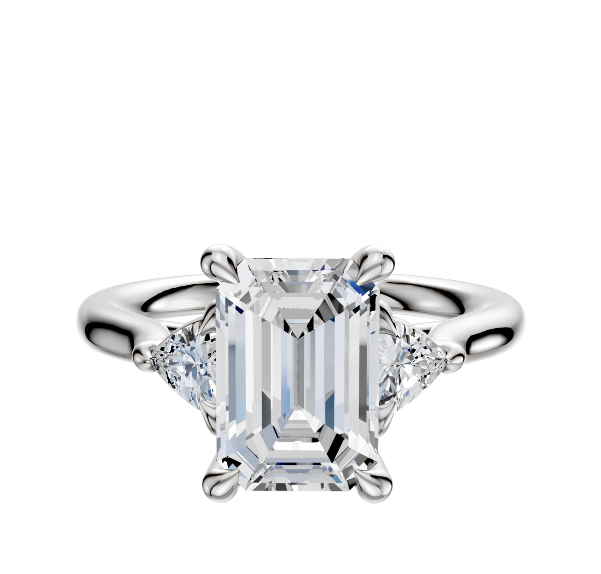 A 14K white gold engagement ring with three stones, featuring a center diamond and two trillion-cut side stones (0.125TCW), displayed on a shiny band against a white background.