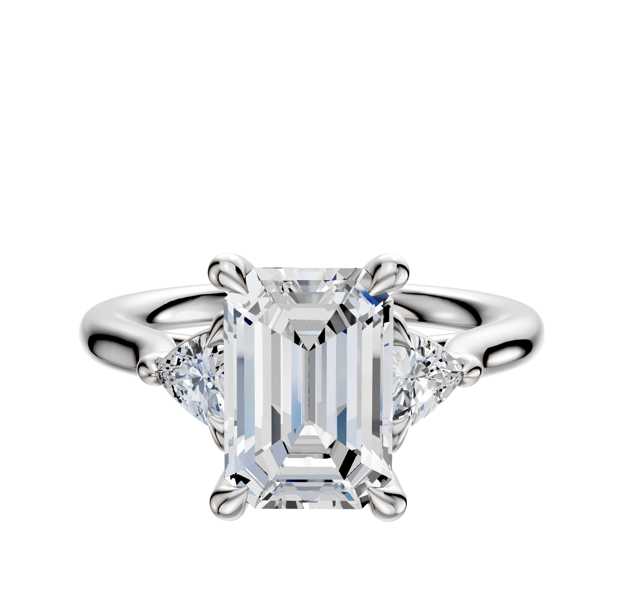 The Platinum 3-Stone Trillion Side Stones 0.125TCW Engagement Ring features a central emerald-cut diamond with two triangular side stones, displayed against a plain white background.