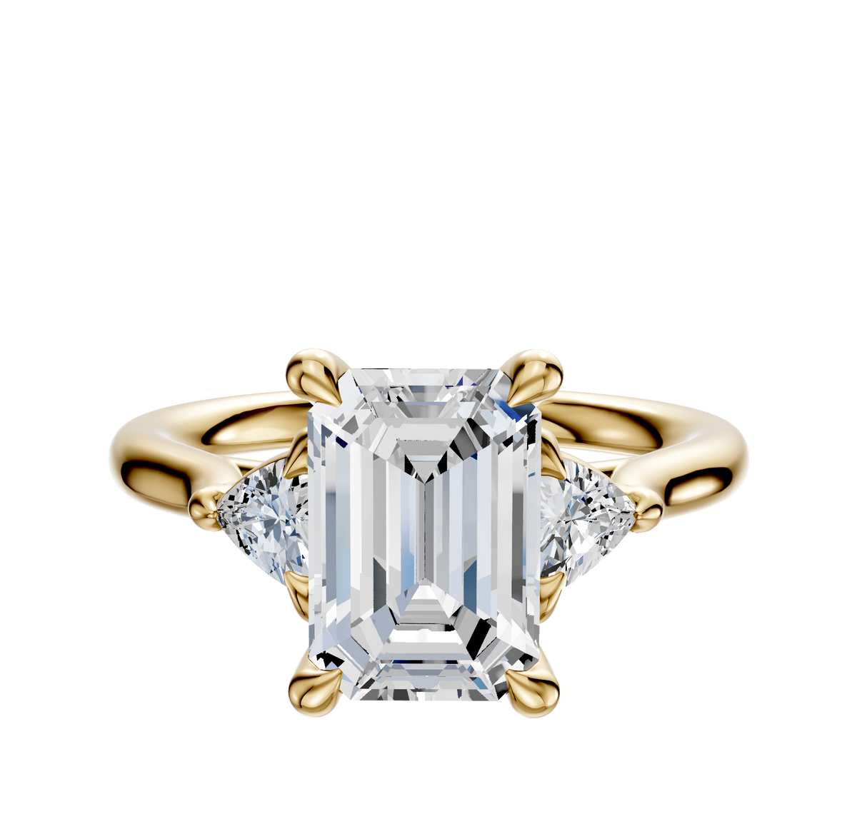The 14K Yellow Gold 3-Stone Trillion Side Stones 0.125TCW Engagement Ring showcases a center diamond accented by two smaller trillion-cut side stones, all set on a polished gold band against a white background.