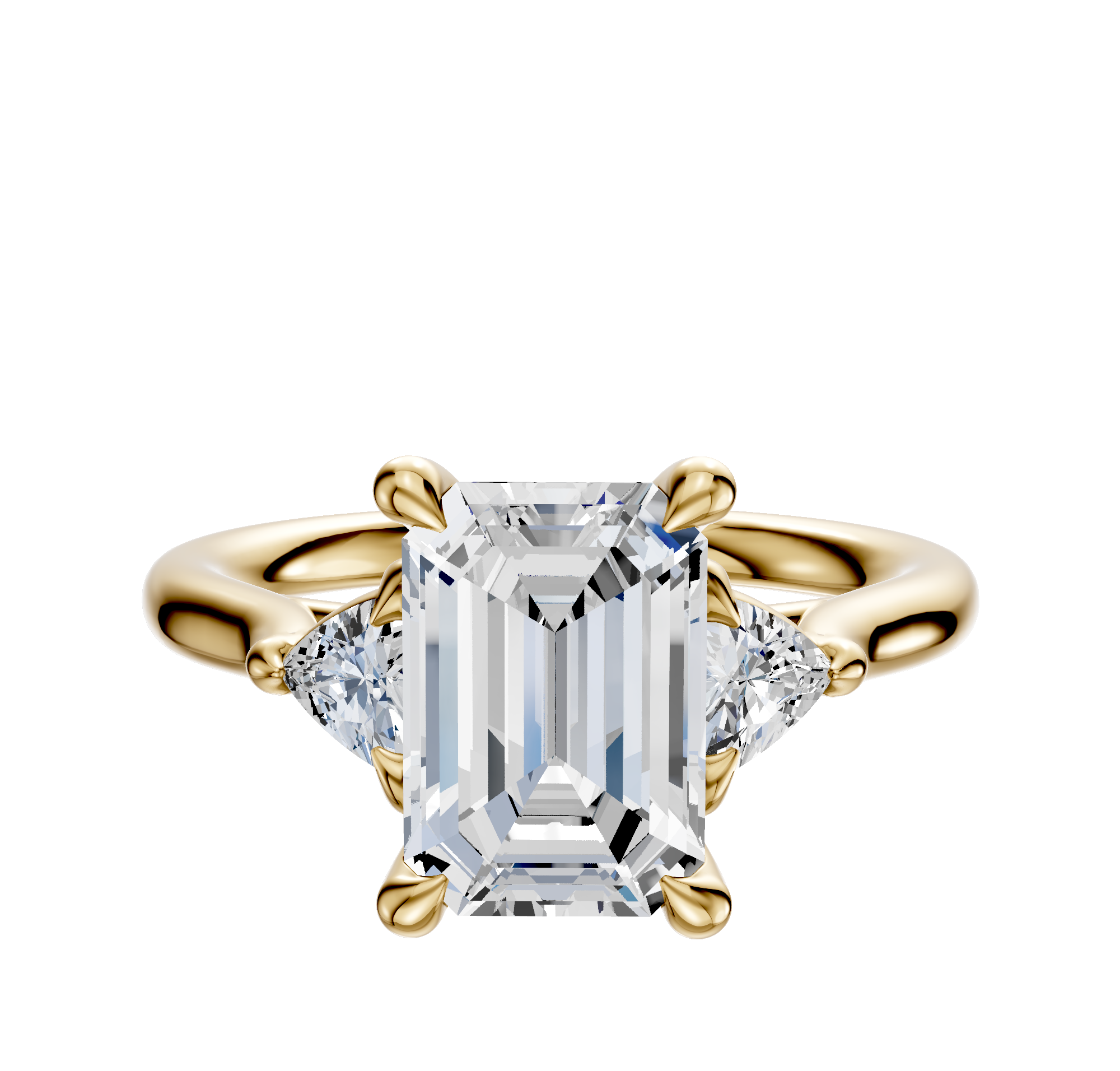The 14K Yellow Gold 3-Stone Trillion Side Stones 0.125TCW Engagement Ring showcases a center diamond accented by two smaller trillion-cut side stones, all set on a polished gold band against a white background.