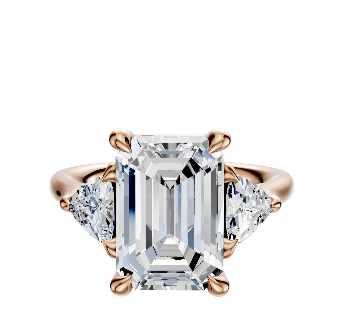 The 14K Rose Gold 3-Stone Engagement Ring features a center diamond accented by two trillion side stones, totaling 0.25TCW, all set in secure prongs.