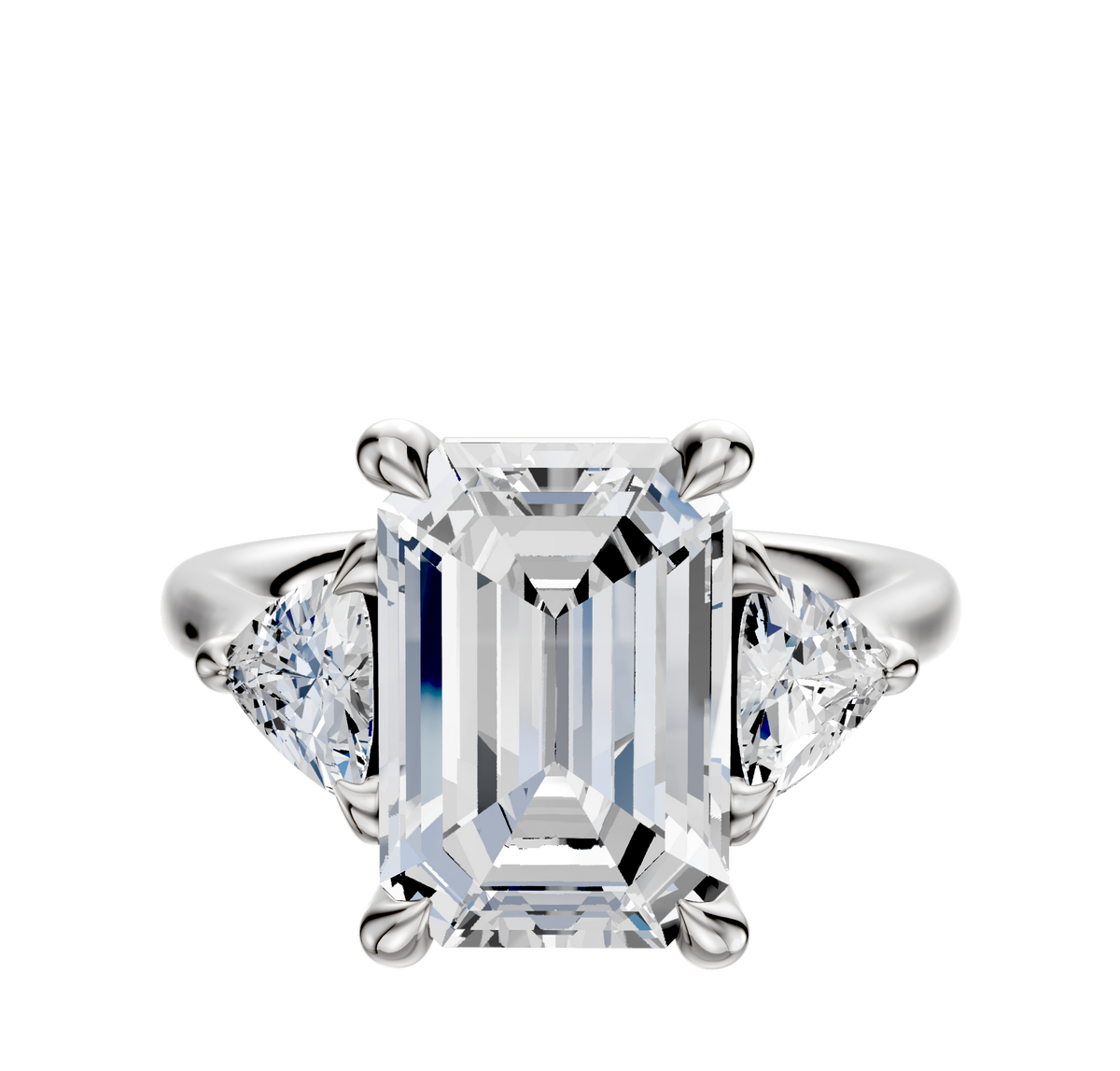 An 18K white gold engagement ring with a central emerald-cut diamond and two trillion side stones (0.25TCW), displayed against a white background.
