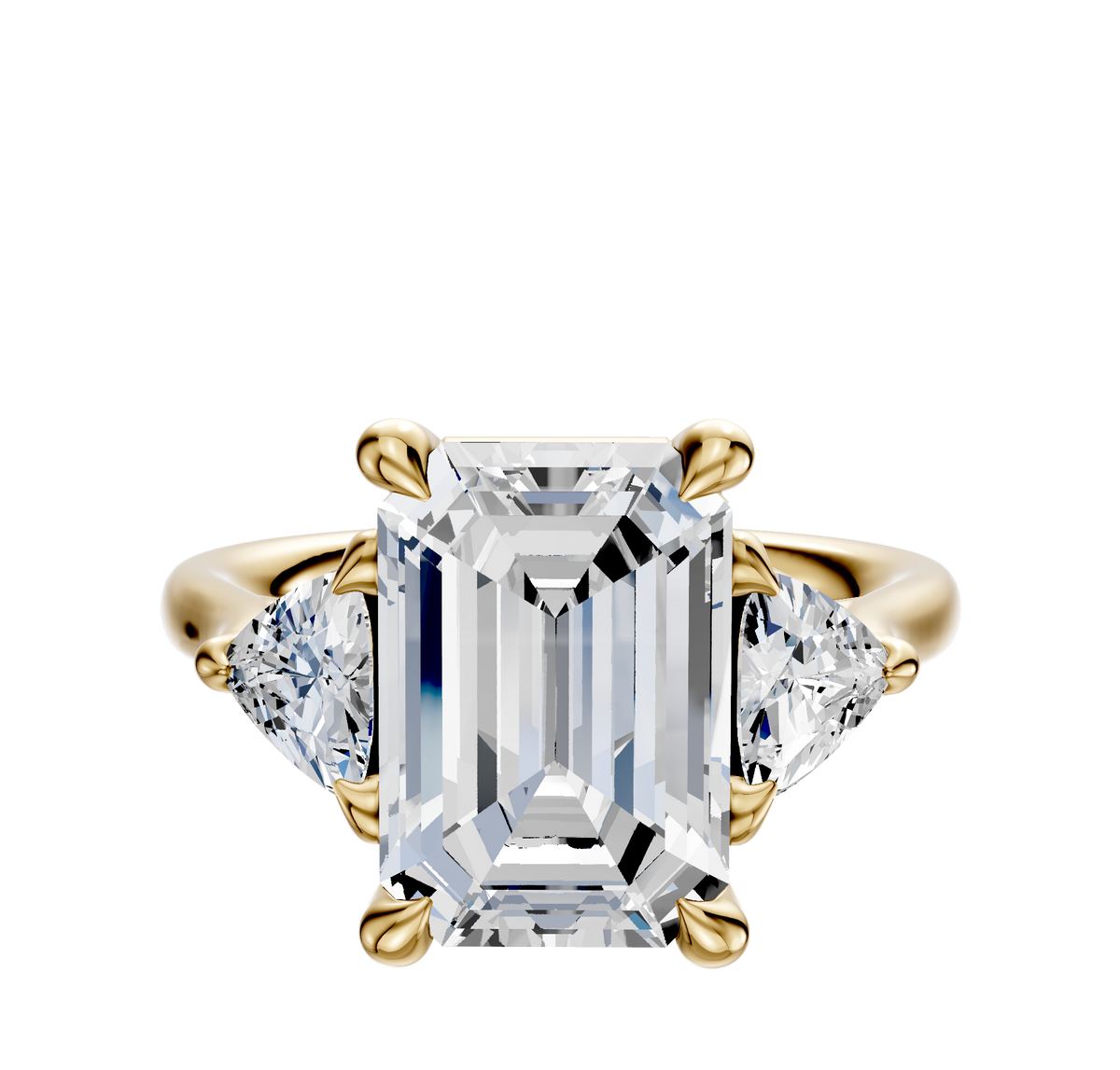 The 18K Yellow Gold 3-Stone Trillion Side Stones 0.25TCW Engagement Ring features a polished gold band with a center diamond flanked by two triangular side stones, all securely set in elegant prongs.