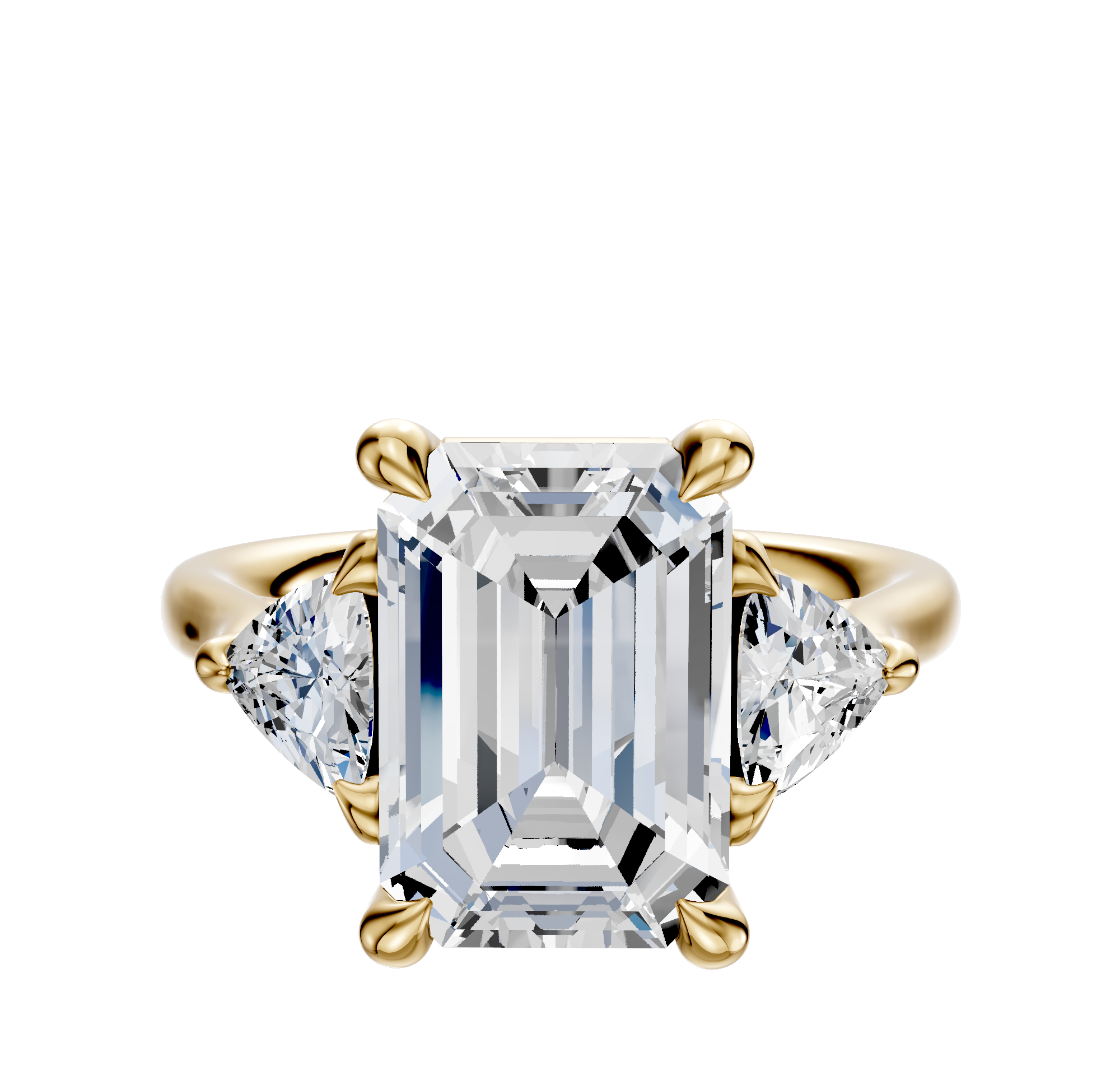 An 18K yellow gold engagement ring with a center stone and two trillion side stones (0.25TCW), shown against a plain white background.