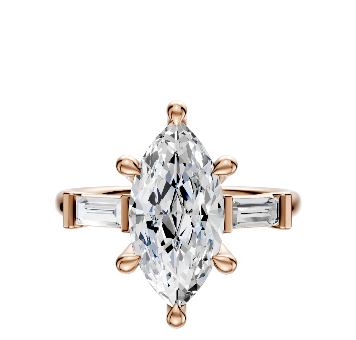 The 14K Rose Gold 3-Stone Baguette East/West Side Stones 0.125TCW Engagement Ring features a marquise-cut center stone secured by six prongs, flanked by baguette side stones on a rose gold band, displayed on a white background.
