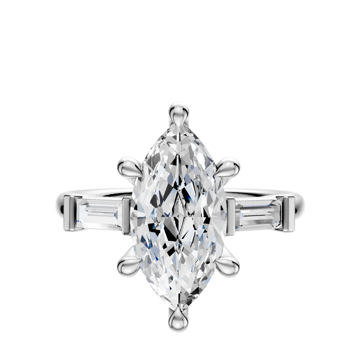 A 14K White Gold 3-Stone Baguette East/West Side Stones 0.125TCW Engagement Ring is displayed on a plain white background, with baguette-cut side stones accenting the center.