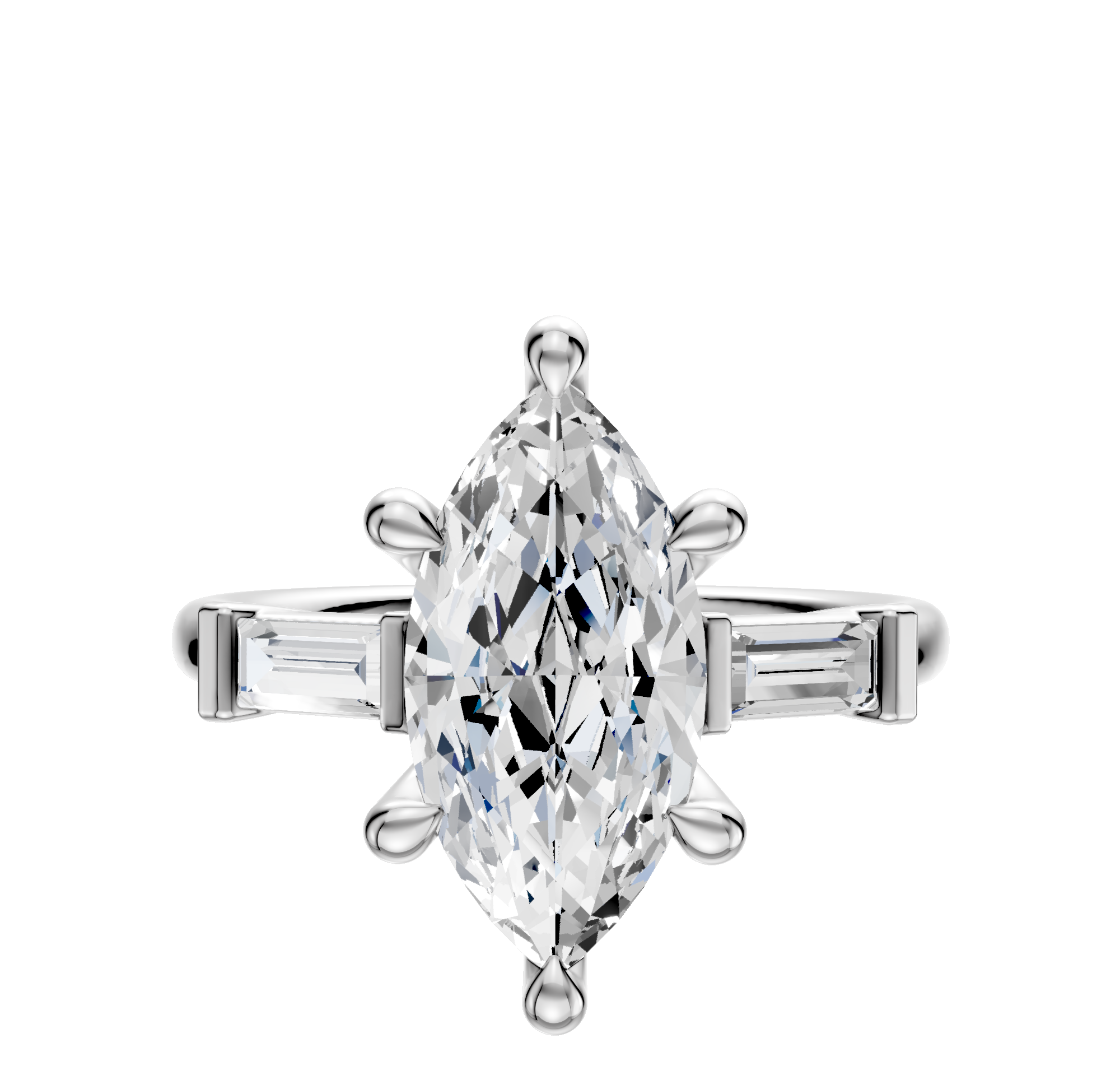 A 14K White Gold 3-Stone Baguette East/West Side Stones 0.125TCW Engagement Ring is displayed on a plain white background, with baguette-cut side stones accenting the center.