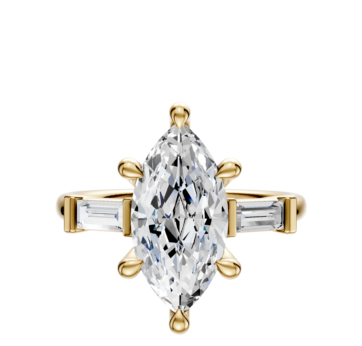 The 14K Yellow Gold 3-Stone Baguette East/West Side Stones 0.125TCW Engagement Ring features a central marquise diamond with two baguette side stones, displayed against a plain white background.