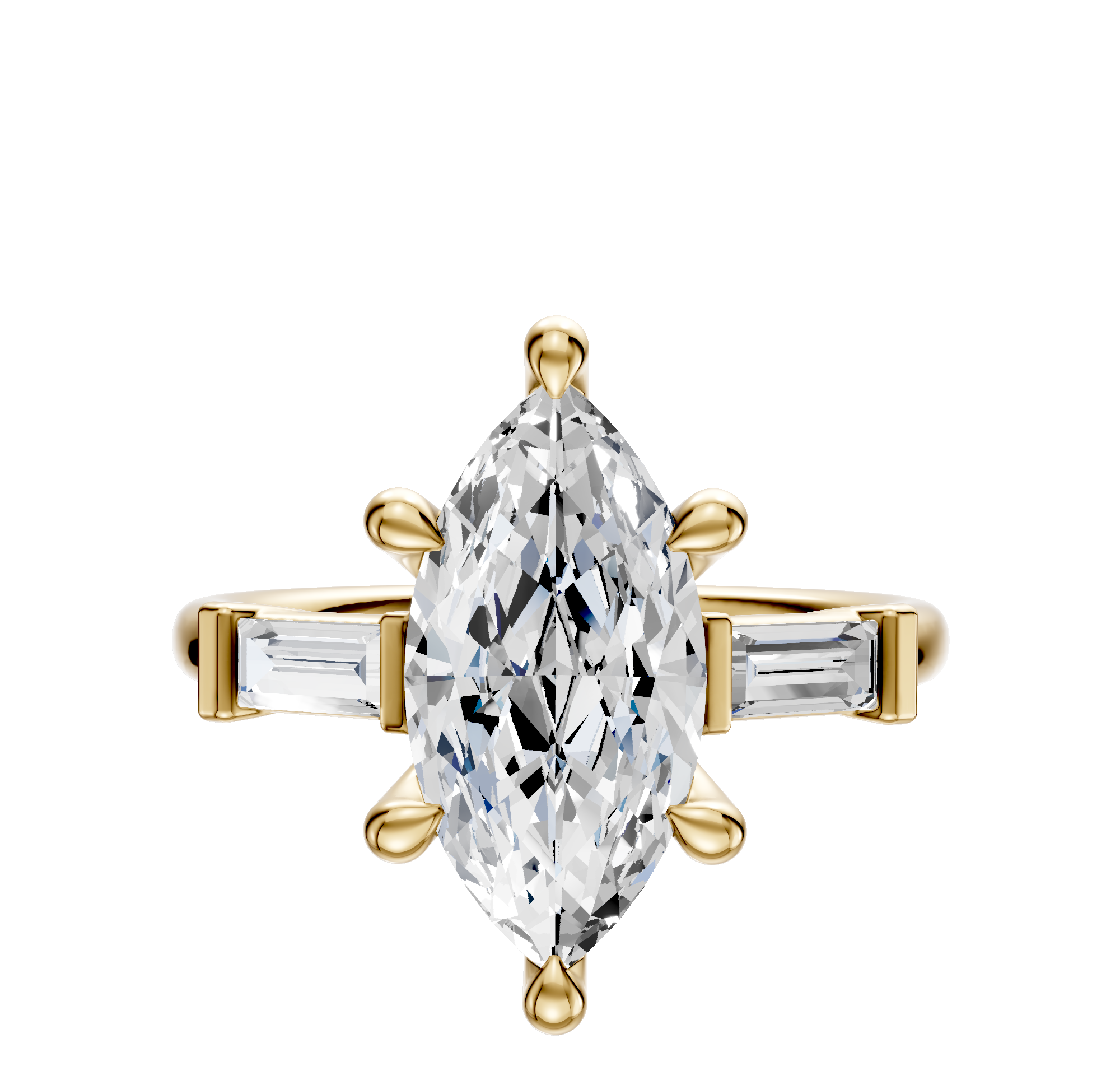 The 14K Yellow Gold 3-Stone Baguette East/West Side Stones 0.125TCW Engagement Ring features a central marquise diamond with two baguette side stones, displayed against a plain white background.