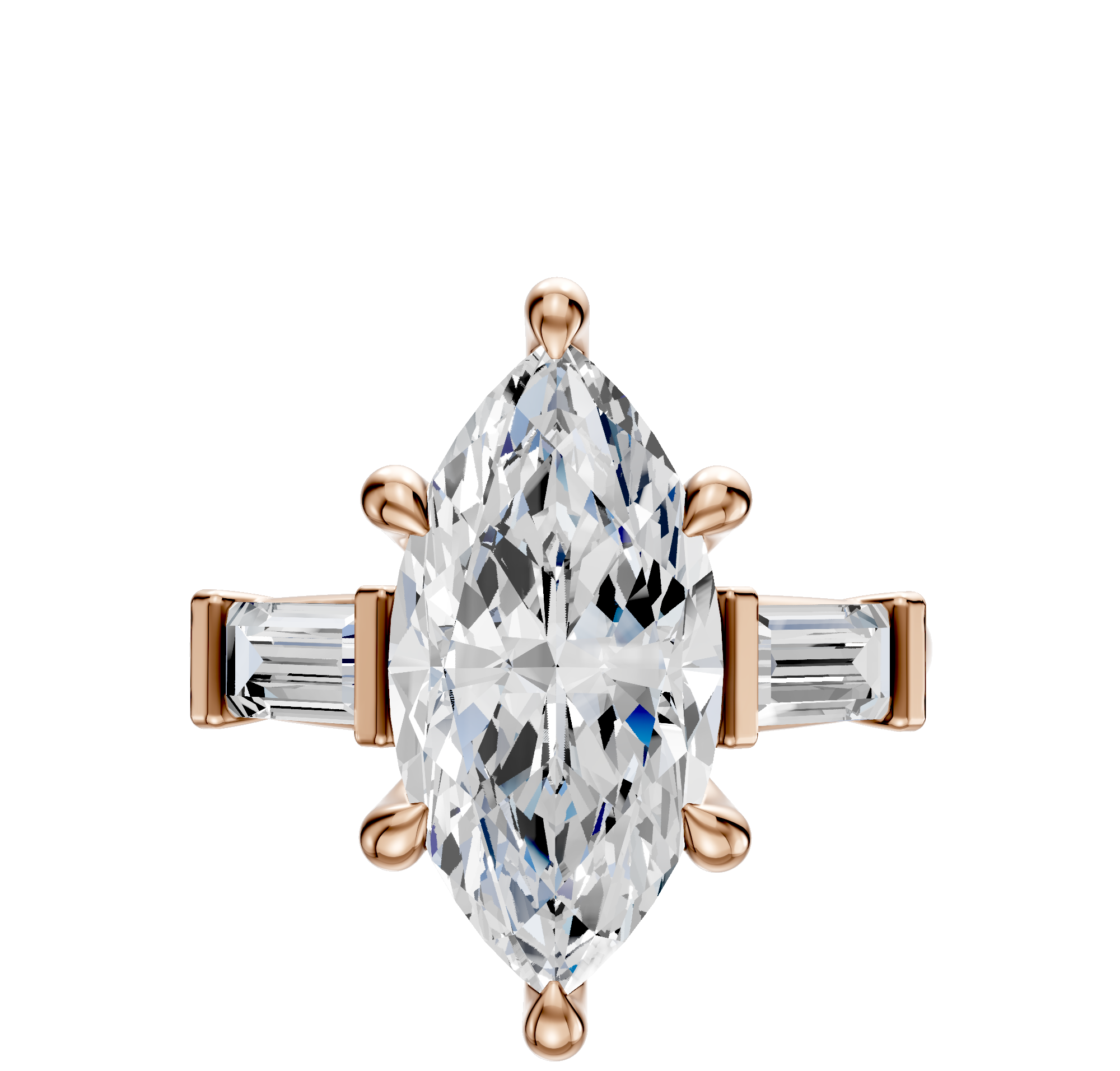 The 14K Rose Gold 3-Stone Baguette East/West Side Stones 0.25TCW Engagement Ring features a marquise-cut center diamond with rose gold prongs and two rectangular baguette side stones, shown against a plain white background.