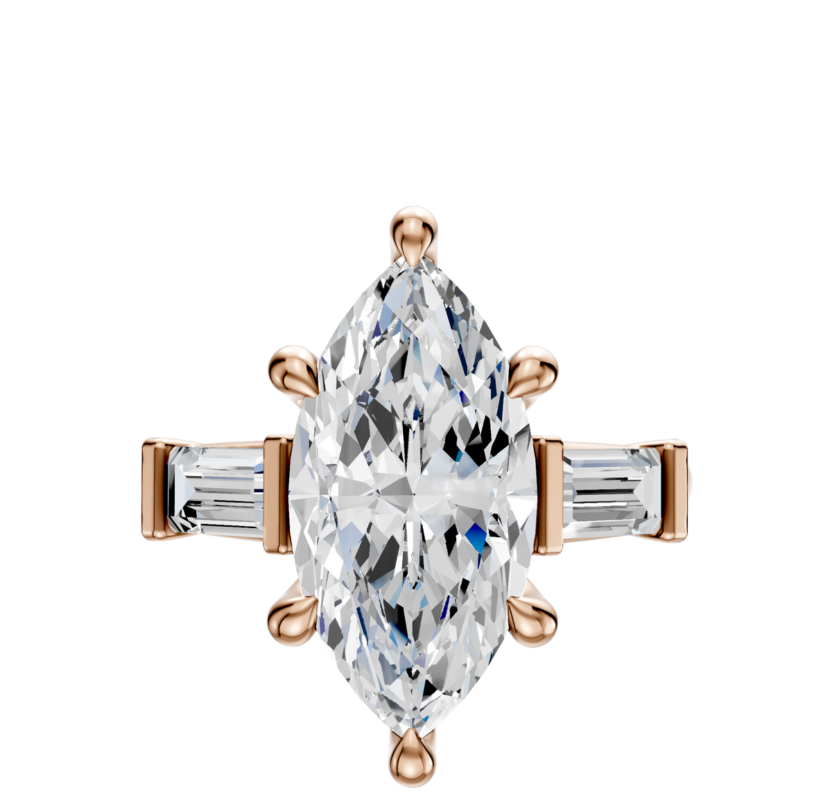 The 18K Rose Gold 3-Stone Baguette East/West Side Stones 0.25TCW Engagement Ring features a marquise-cut center and baguette side diamonds, showcased against a plain white background.