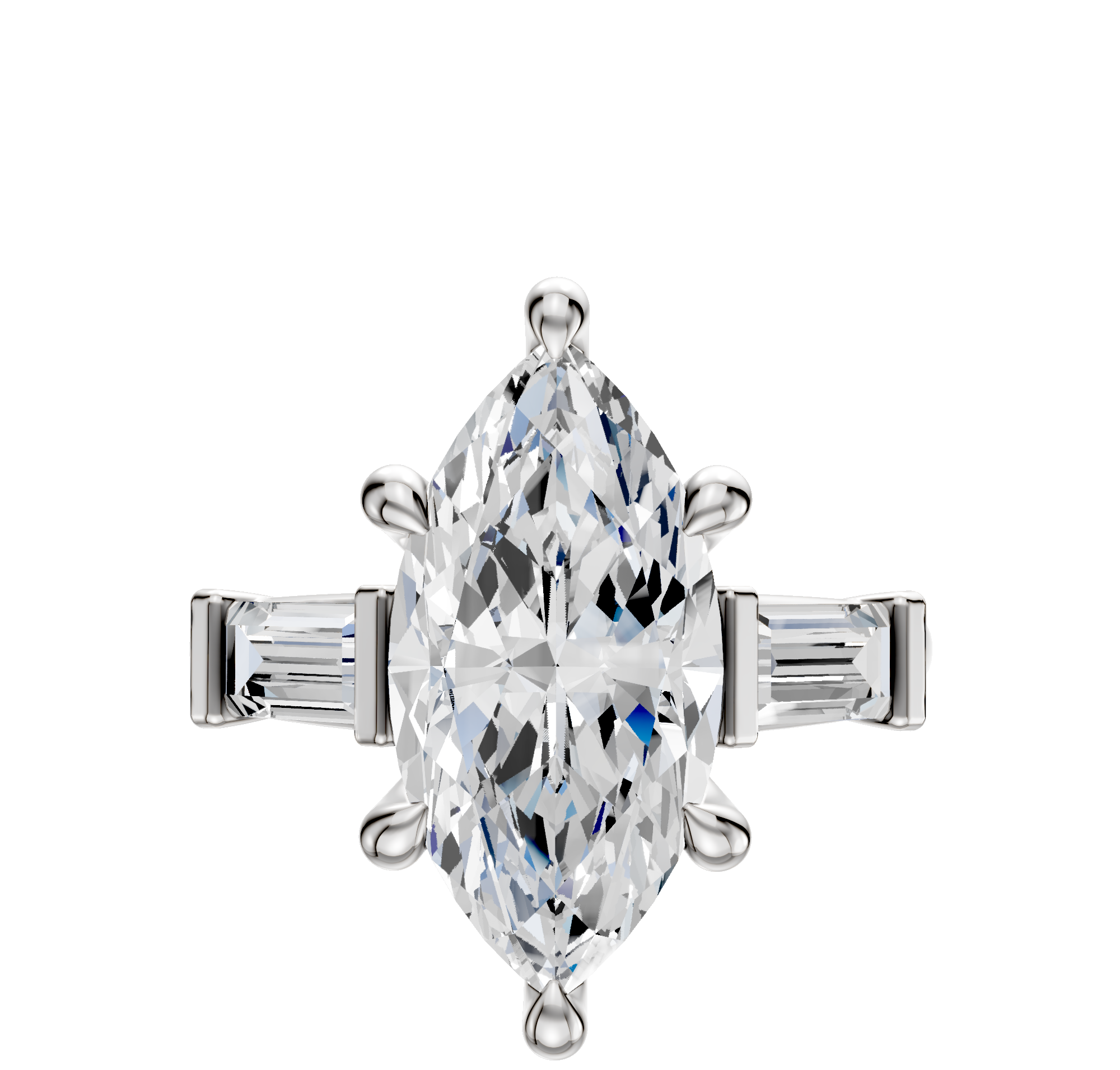 An 18K white gold engagement ring with a marquise center stone and two east/west baguette side stones (0.25TCW), shown on a polished band against a plain white background.