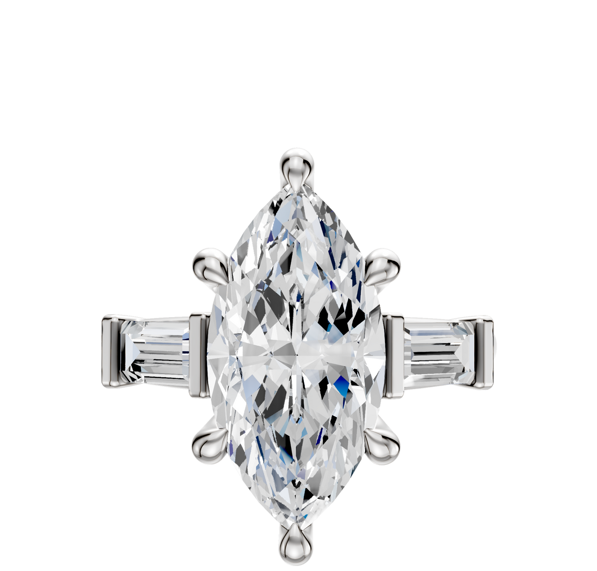 The Platinum 3-Stone Baguette East/West Side Stones 0.25TCW Engagement Ring features two tapered baguette diamonds flanking the center stone, all set in platinum against a white background.