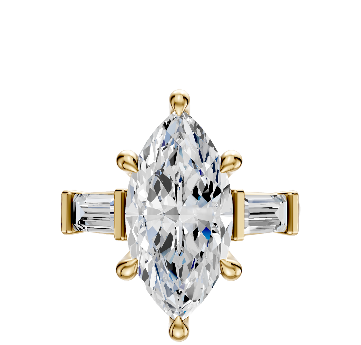 The 14K Yellow Gold 3-Stone Baguette East/West Side Stones 0.25TCW Engagement Ring features a marquise-cut center, gold prongs, baguette side diamonds, and a yellow gold band displayed on a plain white background.