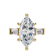 The 14K Yellow Gold 3-Stone Baguette East/West Side Stones 0.25TCW Engagement Ring features a marquise-cut center, gold prongs, baguette side diamonds, and a yellow gold band displayed on a plain white background.
