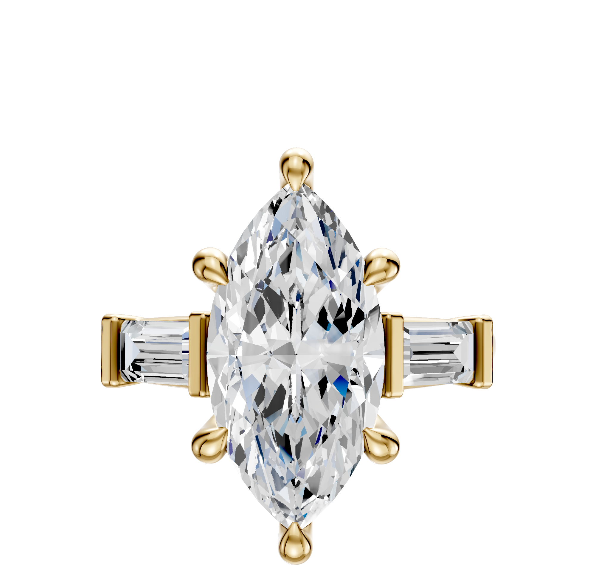 The 14K Yellow Gold 3-Stone Baguette East/West Side Stones 0.25TCW Engagement Ring features a marquise-cut center, gold prongs, baguette side diamonds, and a yellow gold band displayed on a plain white background.