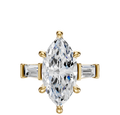 An 18K yellow gold engagement ring with a 0.25TCW center stone, featuring three stones in an east/west baguette setting, displayed against a plain white background.