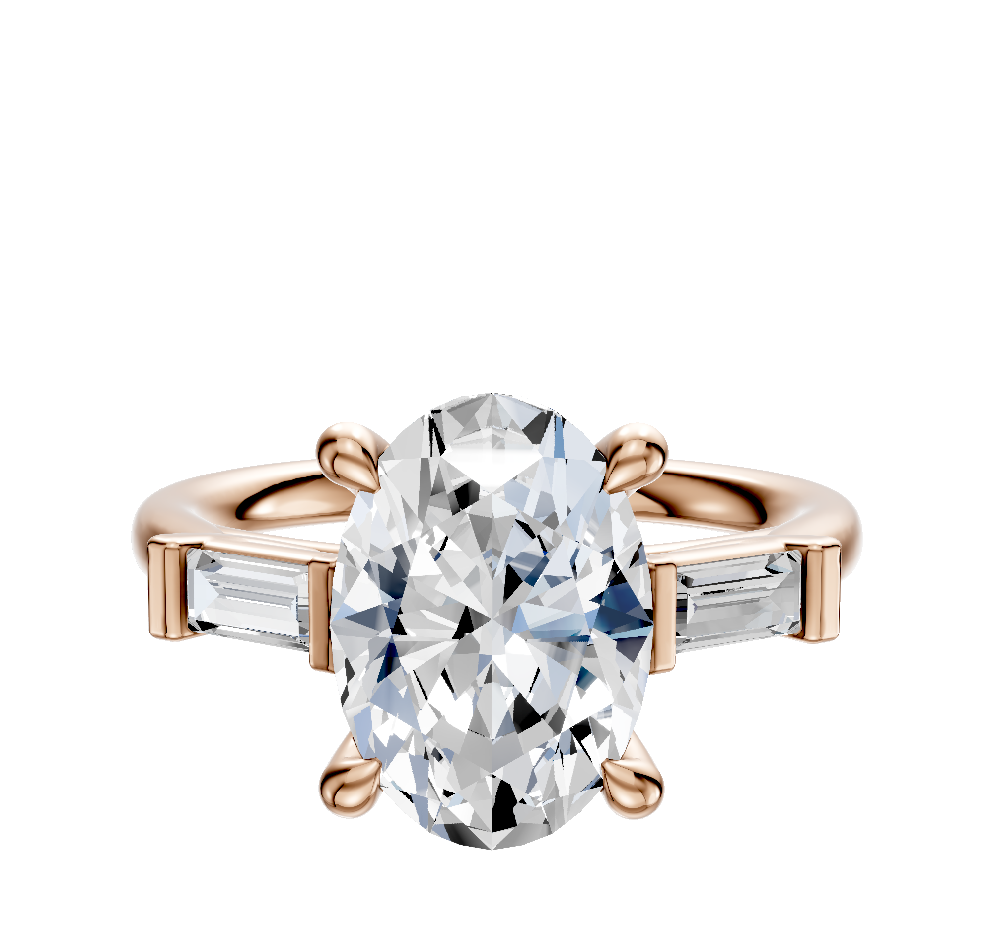 The 18K Rose Gold 3-Stone Baguette East/West Side Stones 0.125TCW Engagement Ring features an oval center diamond flanked by two horizontally set baguette side stones on a rose gold band.