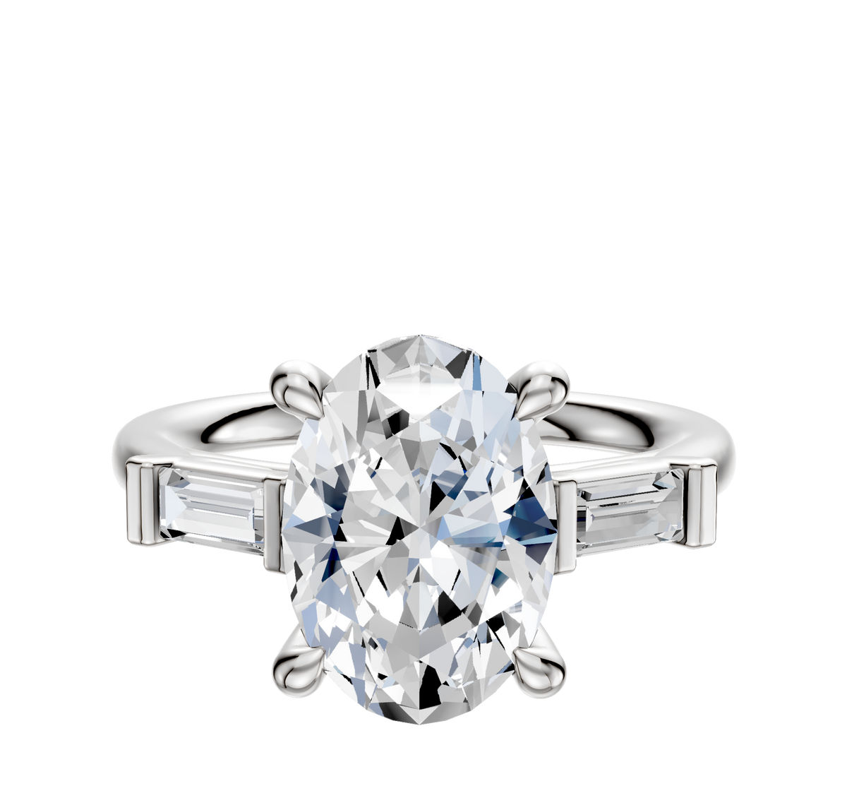 The 14K White Gold 3-Stone Baguette East/West Side Stones 0.125TCW Engagement Ring showcases a central diamond with two baguette-cut side stones, elegantly displayed against a plain white background.