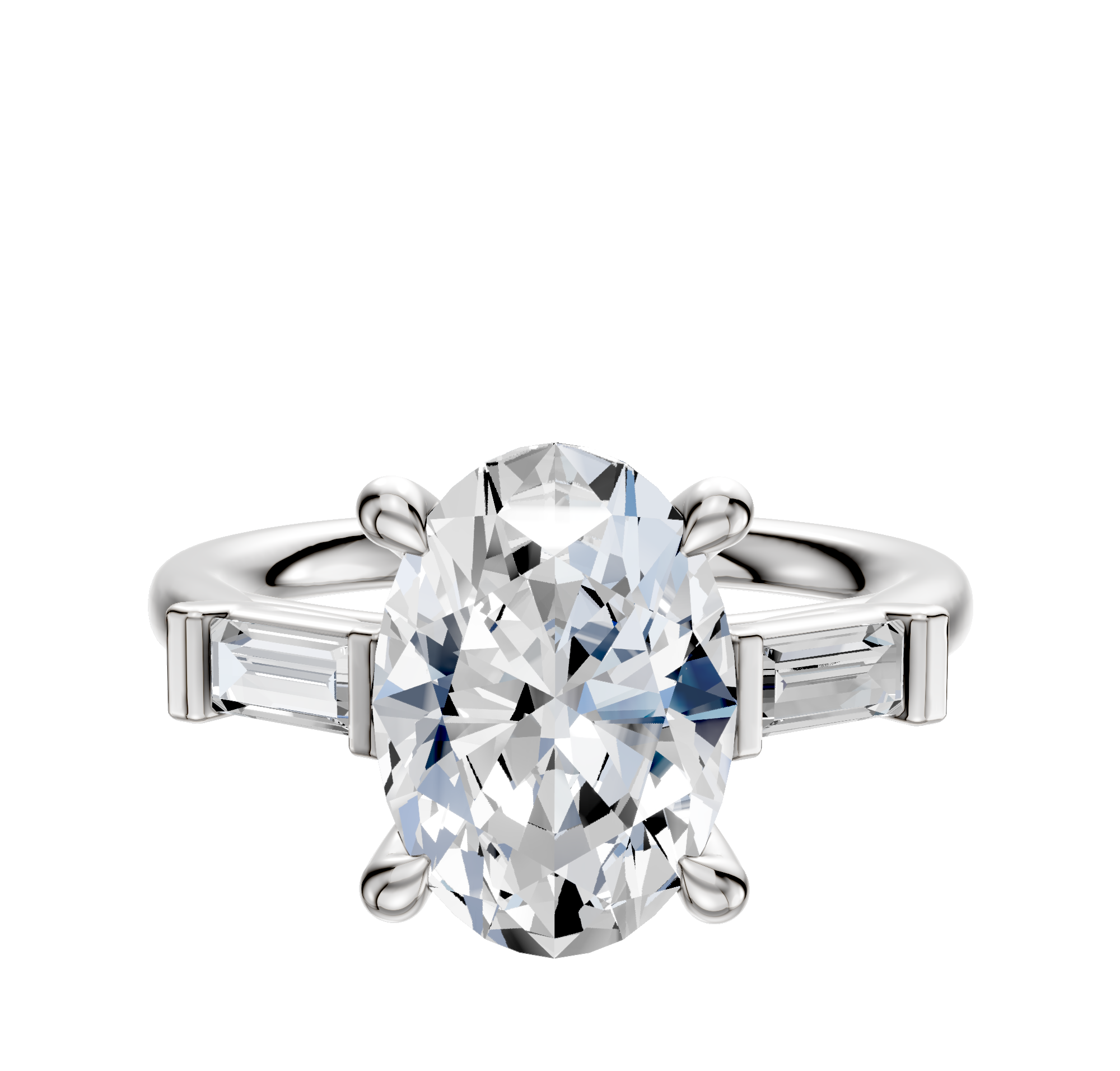 The 14K White Gold 3-Stone Baguette East/West Side Stones 0.125TCW Engagement Ring showcases a central diamond with two baguette-cut side stones, elegantly displayed against a plain white background.