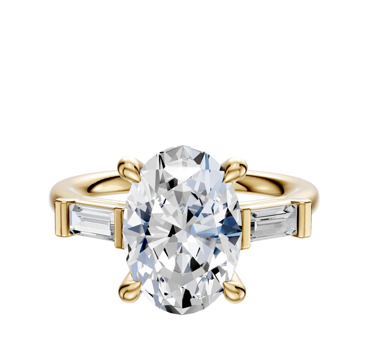 The 14K Yellow Gold 3-Stone Baguette East/West Side Stones 0.125TCW Engagement Ring features a central diamond and rectangular baguette side stones, displayed on a plain white background.
