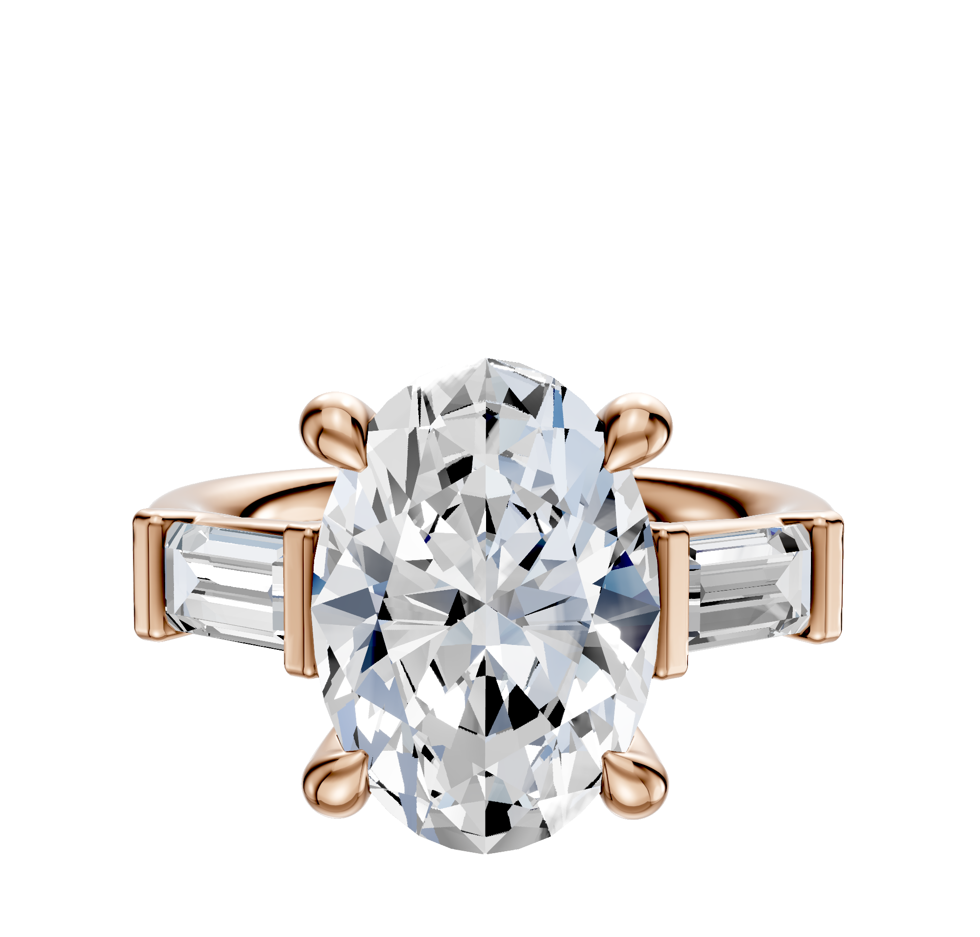 The 14K Rose Gold 3-Stone Baguette East/West Side Stones 0.25TCW Engagement Ring features an oval diamond center flanked by two baguette-cut side stones, displayed on a plain white background.