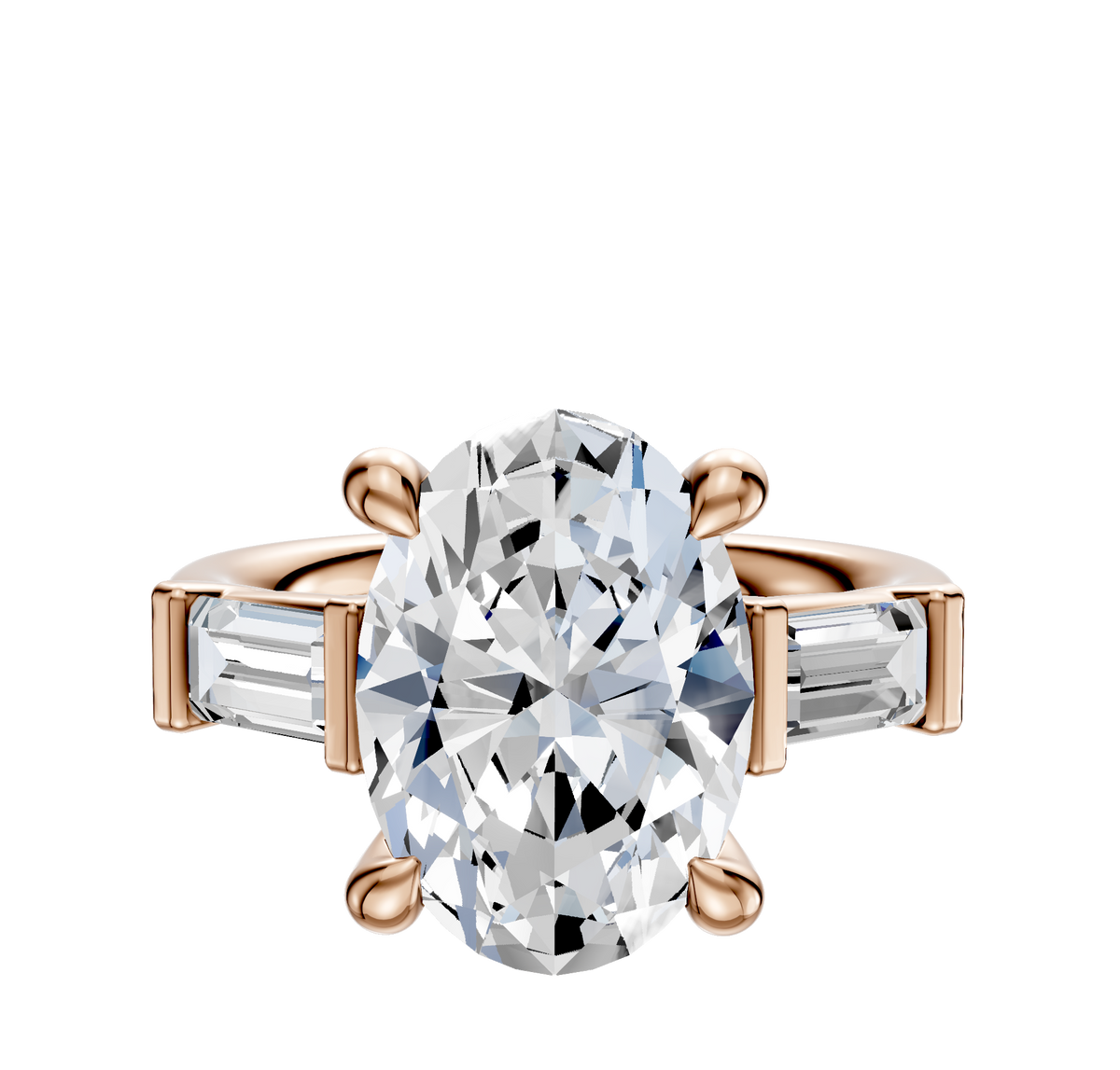 The 18K Rose Gold 3-Stone Baguette East/West Side Stones 0.25TCW Engagement Ring features a central diamond and two baguette-cut side stones, shown on a plain white background.