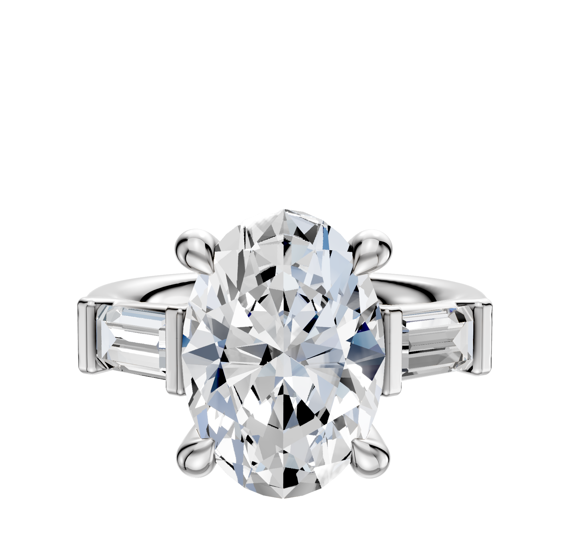 A close-up of the 14K White Gold 3-Stone Baguette East/West Side Stones 0.25TCW Engagement Ring, highlighted against a plain white background.