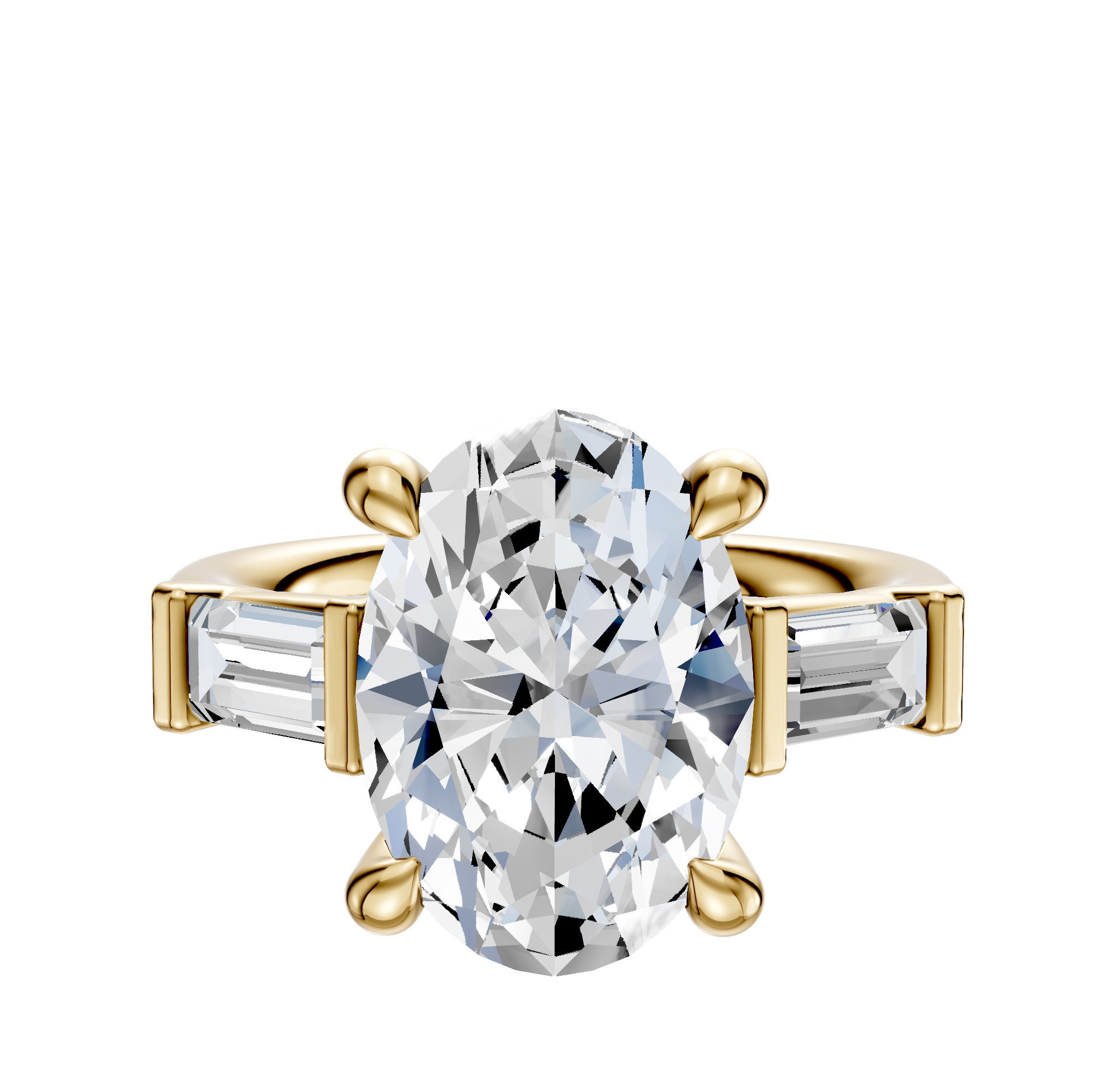 The 14K Yellow Gold 3-Stone Baguette East/West Side Stones 0.25TCW Engagement Ring showcases a central oval-cut gemstone with two baguette-cut stones on each side in a classic four-prong setting.
