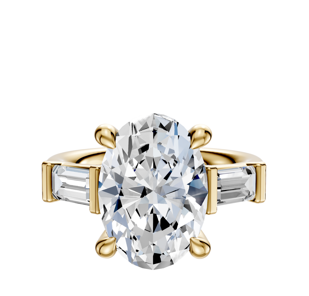 The 18K Yellow Gold 3-Stone Baguette East/West Side Stones 0.25TCW Engagement Ring features a central oval-cut gemstone with rectangular baguette side stones, all set in a four-prong setting.