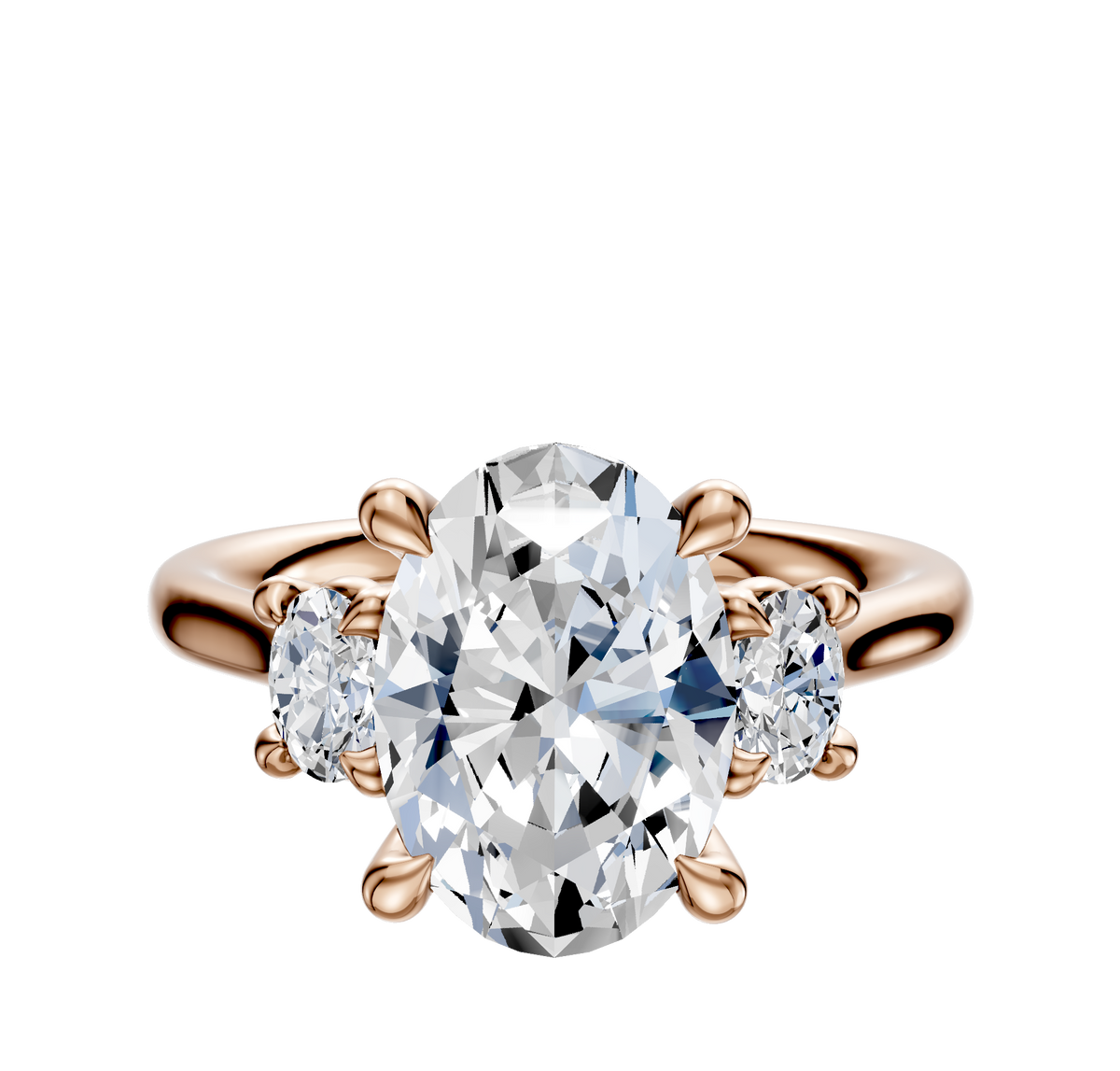 The 18K Rose Gold 3-Stone Oval Side Stones 0.125TCW Engagement Ring features an oval center diamond flanked by two round side diamonds in a prong setting, displayed on a plain white background.